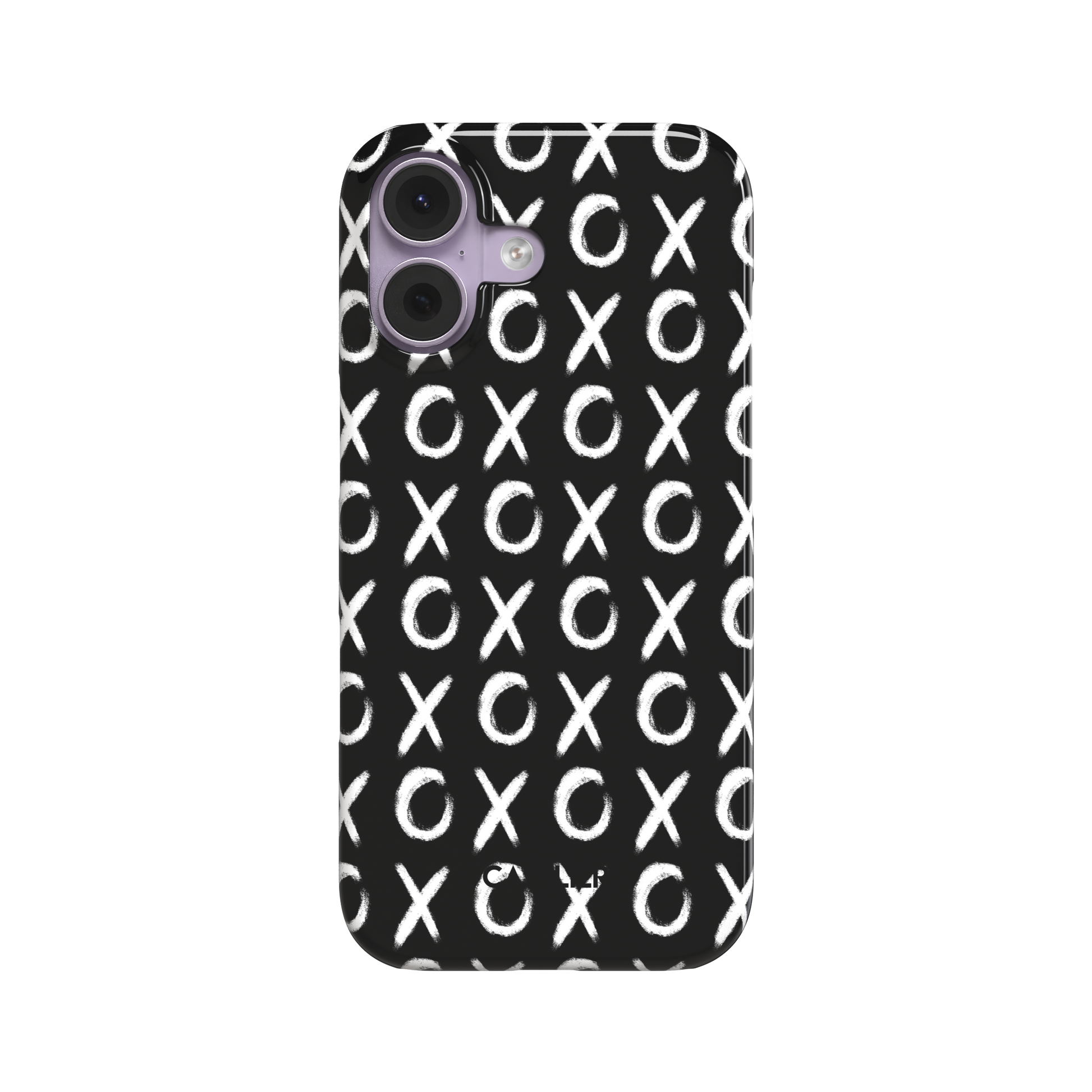 XOXO phone case with hand-brushed white X and O repeat pattern on a black background, rear view, snap case style, phone case by Caselier