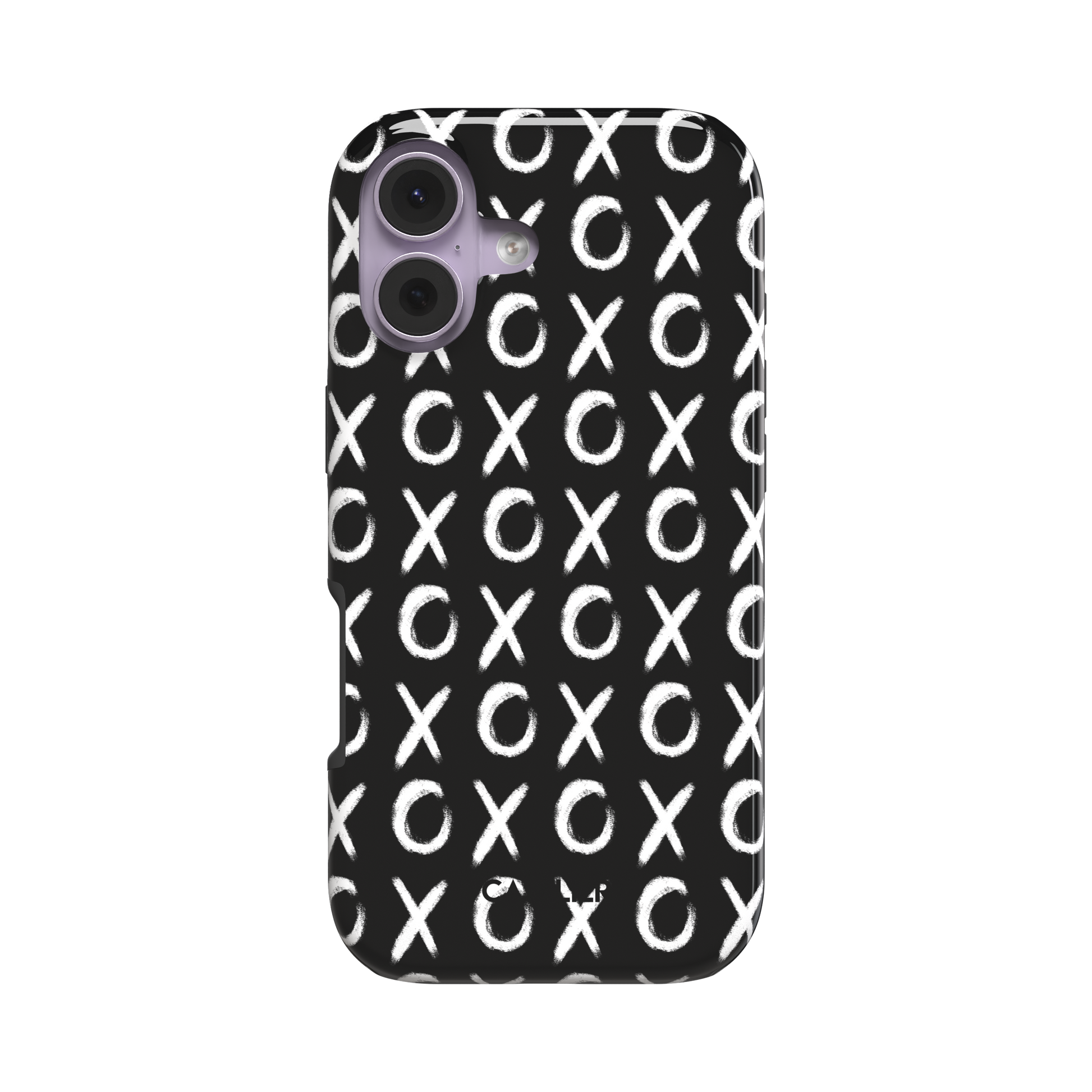 XOXO phone case with hand-brushed white X and O repeat pattern on a black background, slightly angled rear view showing case edges, phone case by Caselier