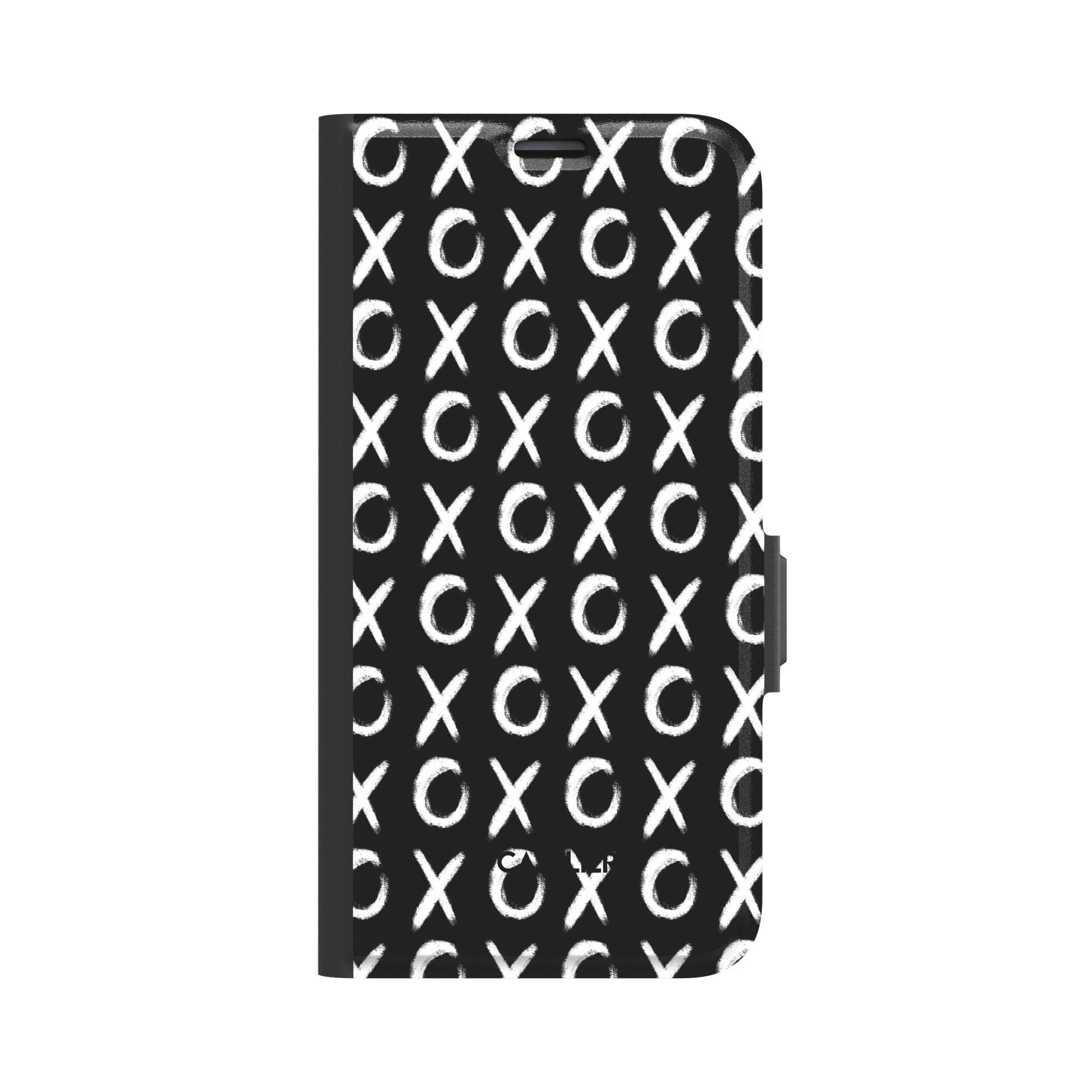 XOXO folio wallet phone case with hand-brushed white X and O repeat pattern on a black background, black spine and clasp visible, front cover view, phone case by Caselier