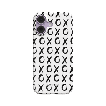 XOXO phone case with hand-brushed black X and O repeat pattern on a white background, rear view, snap case style, phone case by Caselier
