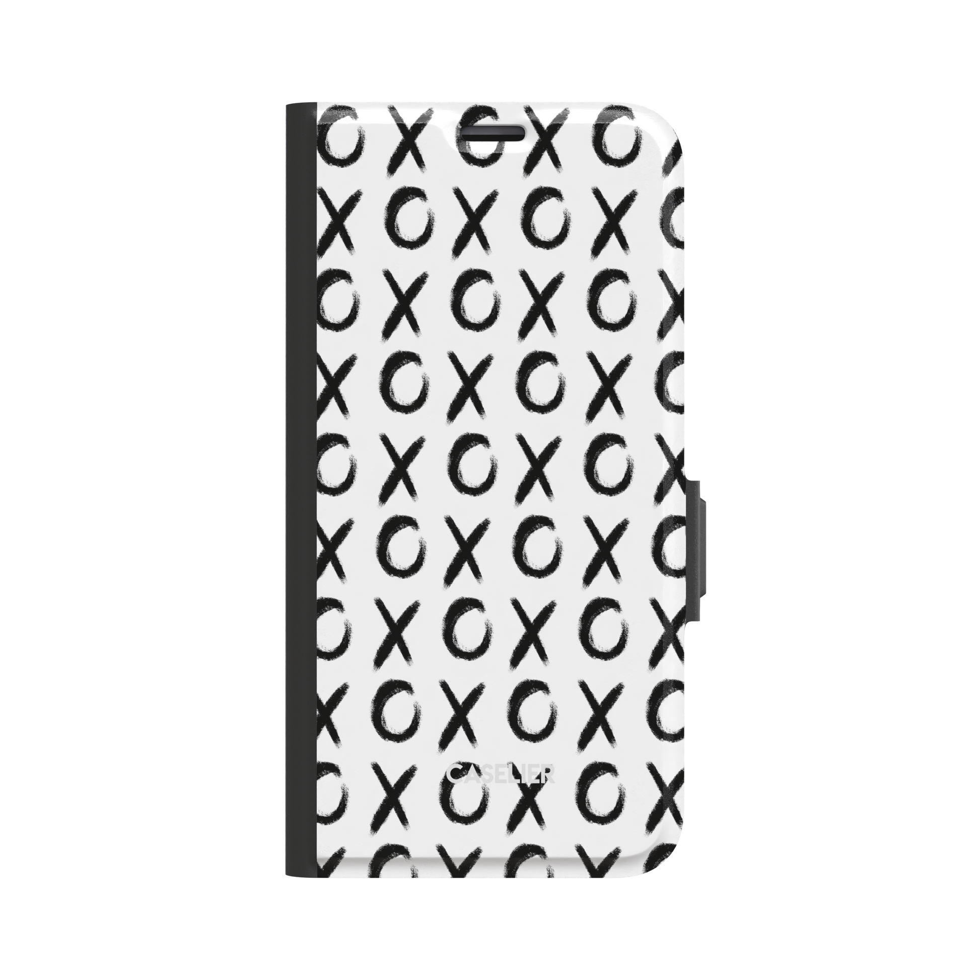 XOXO folio wallet phone case with hand-brushed black X and O repeat pattern on a white background, black spine and clasp visible, front cover view, phone case by Caselier