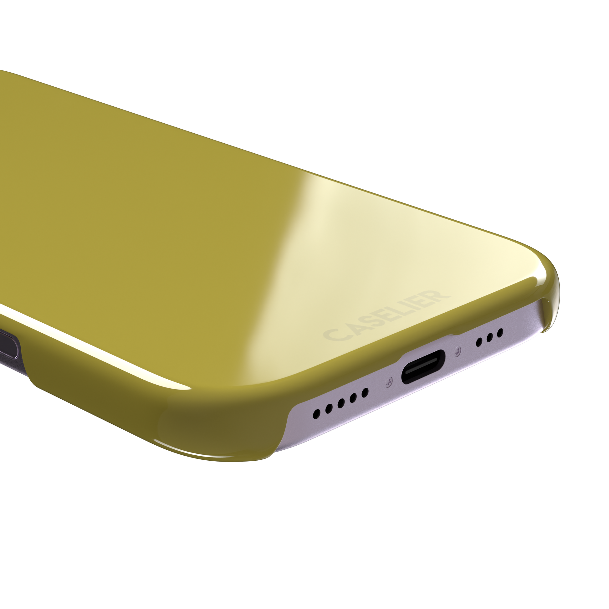 Solid olive-yellow phone case color variant, phone case by Caselier — snap case, charging port detail