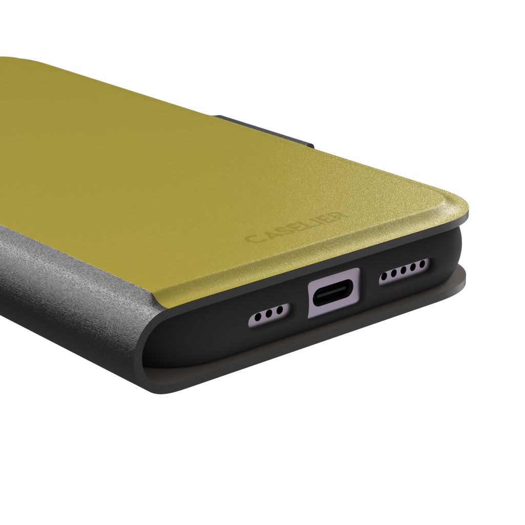 Solid olive-yellow phone case color variant, phone case by Caselier — wallet case, charging port detail