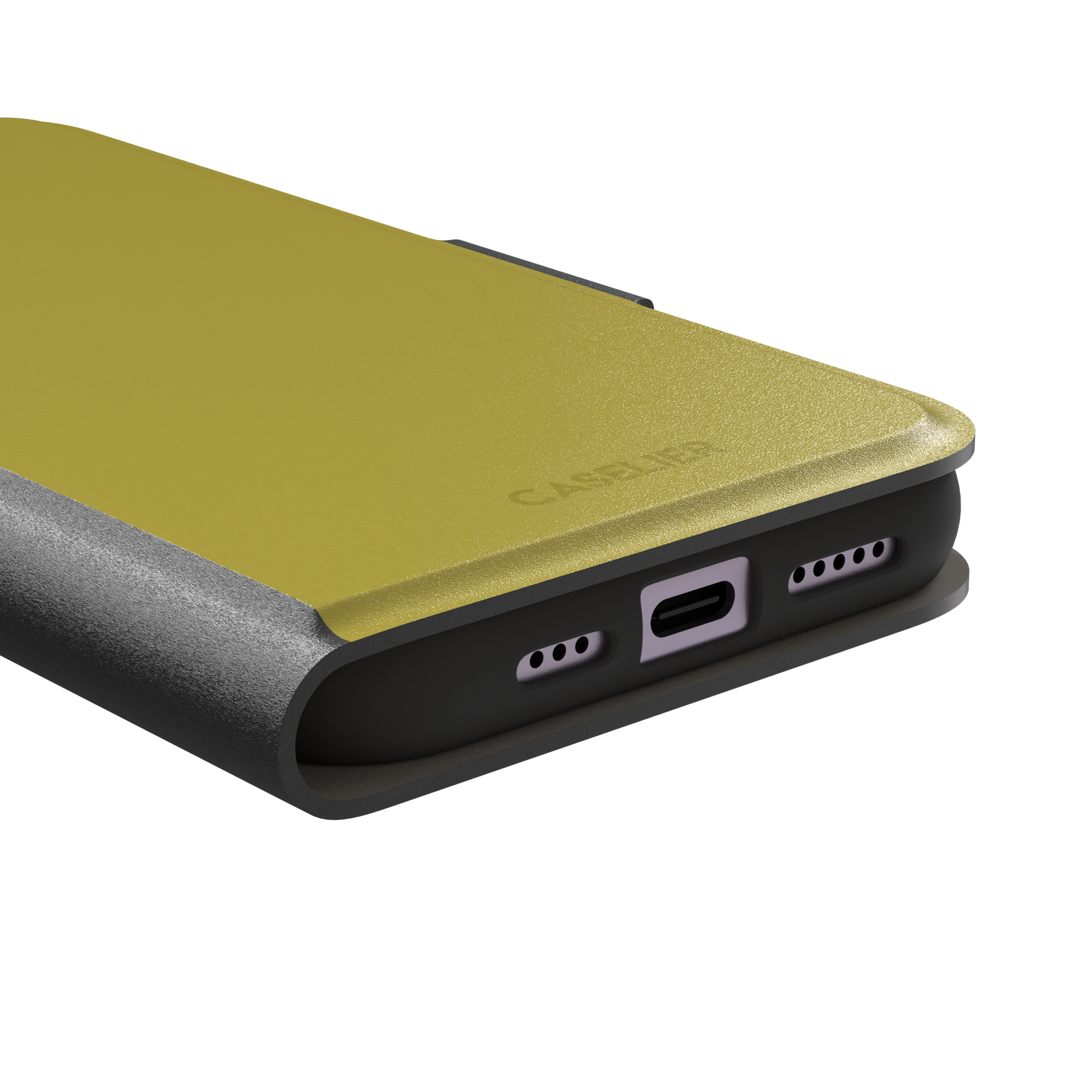 Solid olive-yellow phone case color variant, phone case by Caselier — wallet case, charging port detail