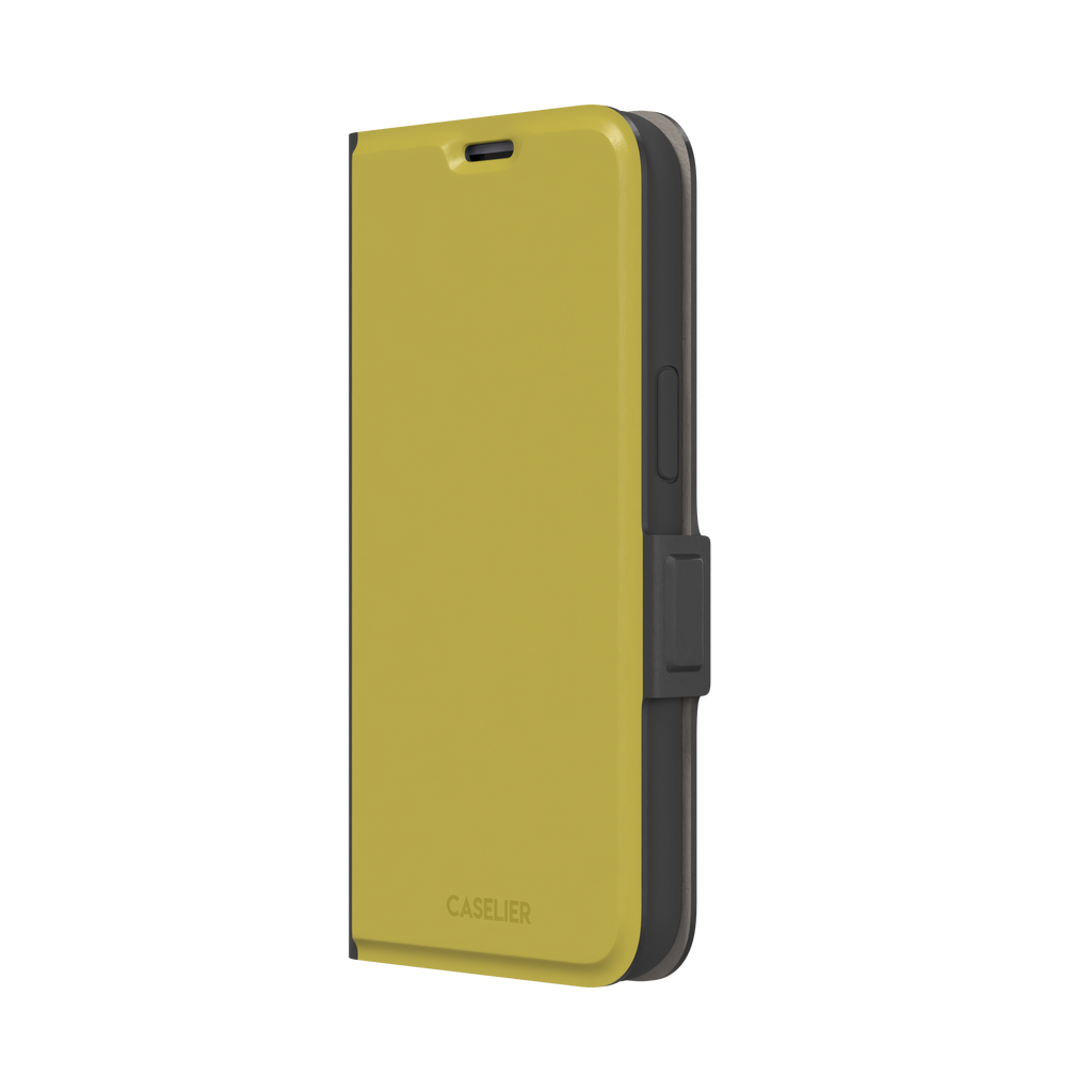 Solid olive-yellow phone case color variant, phone case by Caselier — wallet case, right view