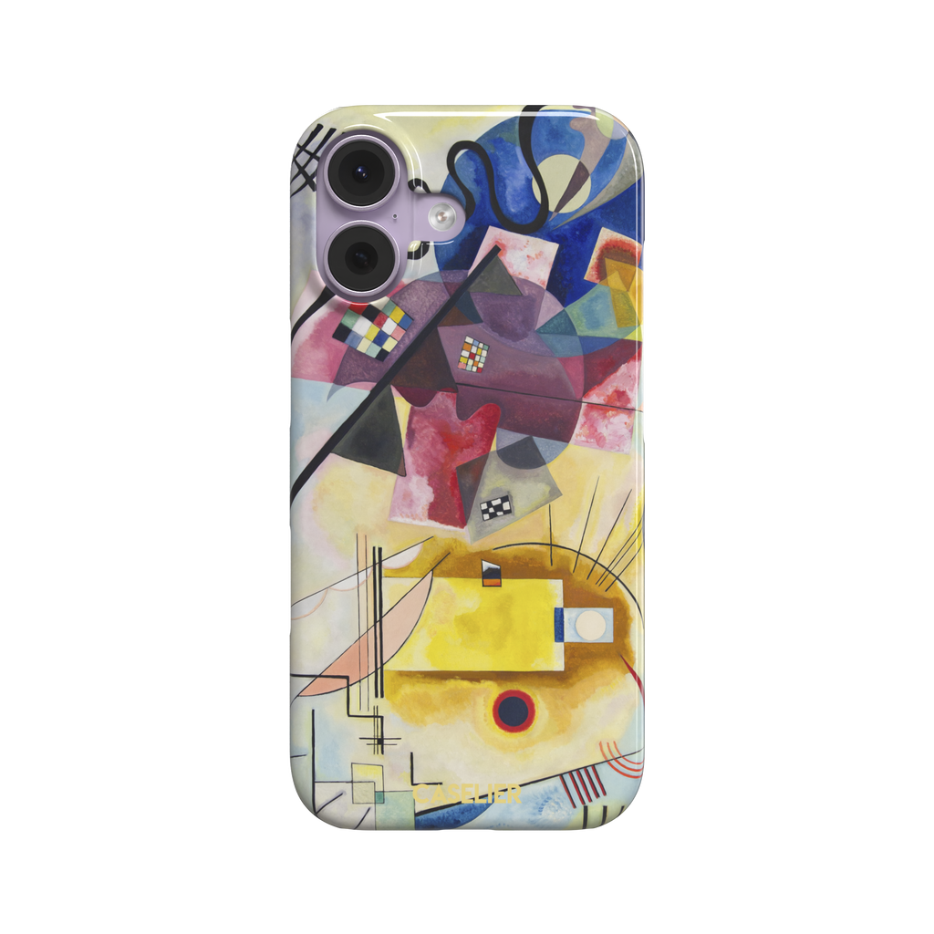 Yellow-Red-Blue by Wassily Kandinsky phone case featuring bold geometric shapes, cobalt blue arcs, crimson forms, and golden yellow planes with fine radiating black lines on a pale ground — snap case, front view