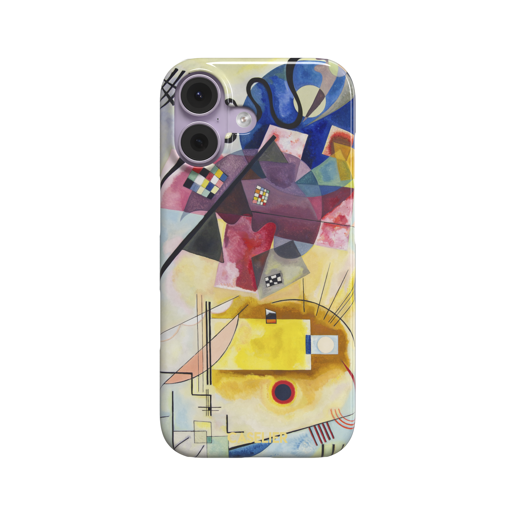 Yellow-Red-Blue by Wassily Kandinsky phone case featuring bold geometric shapes, cobalt blue arcs, crimson forms, and golden yellow planes with fine radiating black lines on a pale ground — snap case, front view