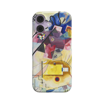 Yellow-Red-Blue by Wassily Kandinsky phone case featuring bold geometric shapes, cobalt blue arcs, crimson forms, and golden yellow planes with fine radiating black lines on a pale ground — snap case, front view
