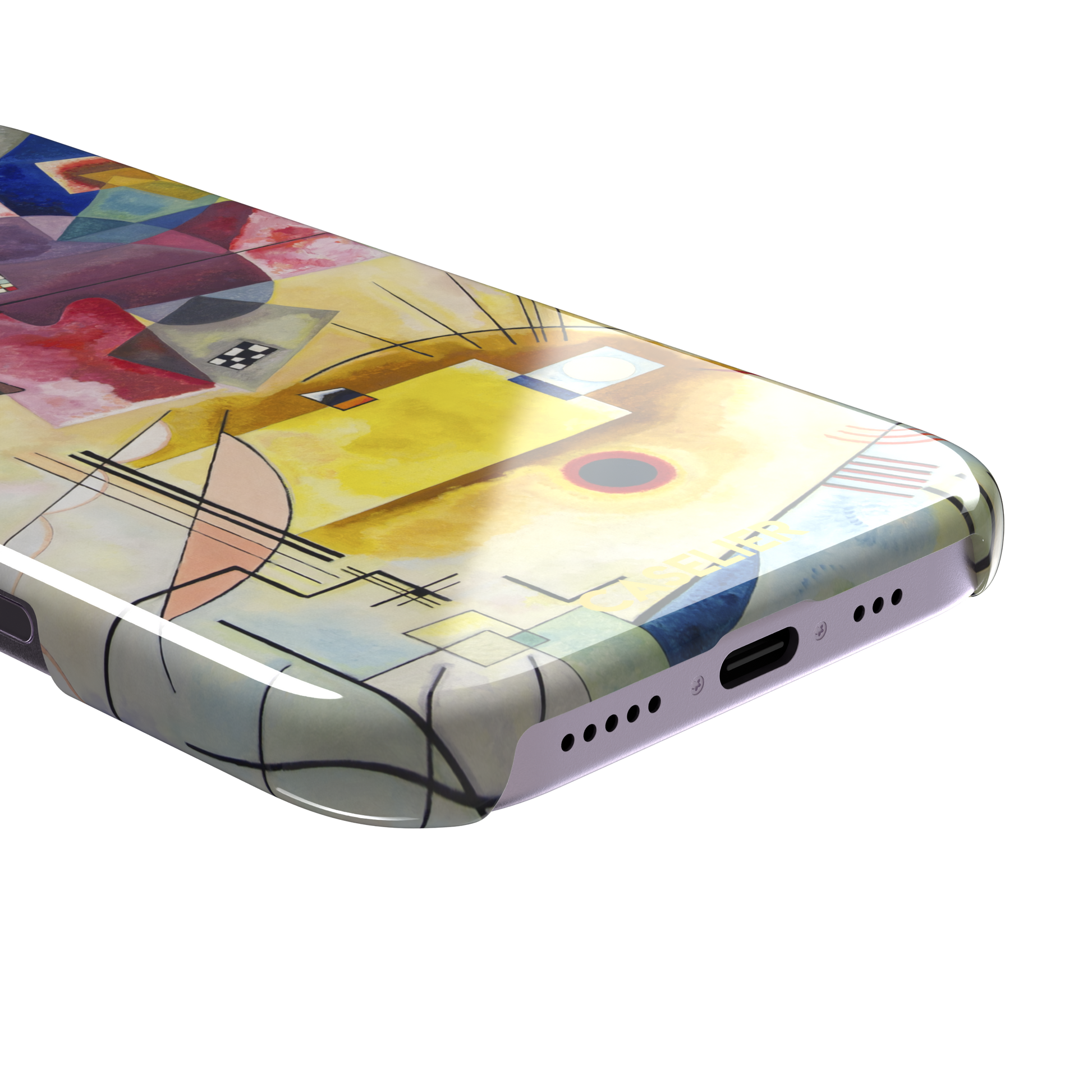 Yellow-Red-Blue by Wassily Kandinsky phone case featuring bold geometric shapes, cobalt blue arcs, crimson forms, and golden yellow planes with fine radiating black lines on a pale ground — snap case, charging port detail