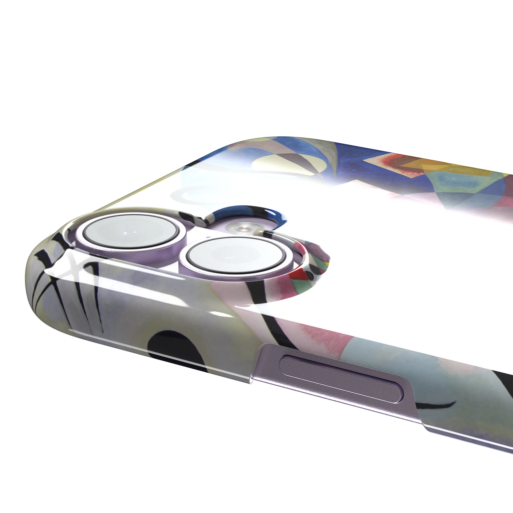 Yellow-Red-Blue by Wassily Kandinsky phone case featuring bold geometric shapes, cobalt blue arcs, crimson forms, and golden yellow planes with fine radiating black lines on a pale ground — snap case, volume buttons detail