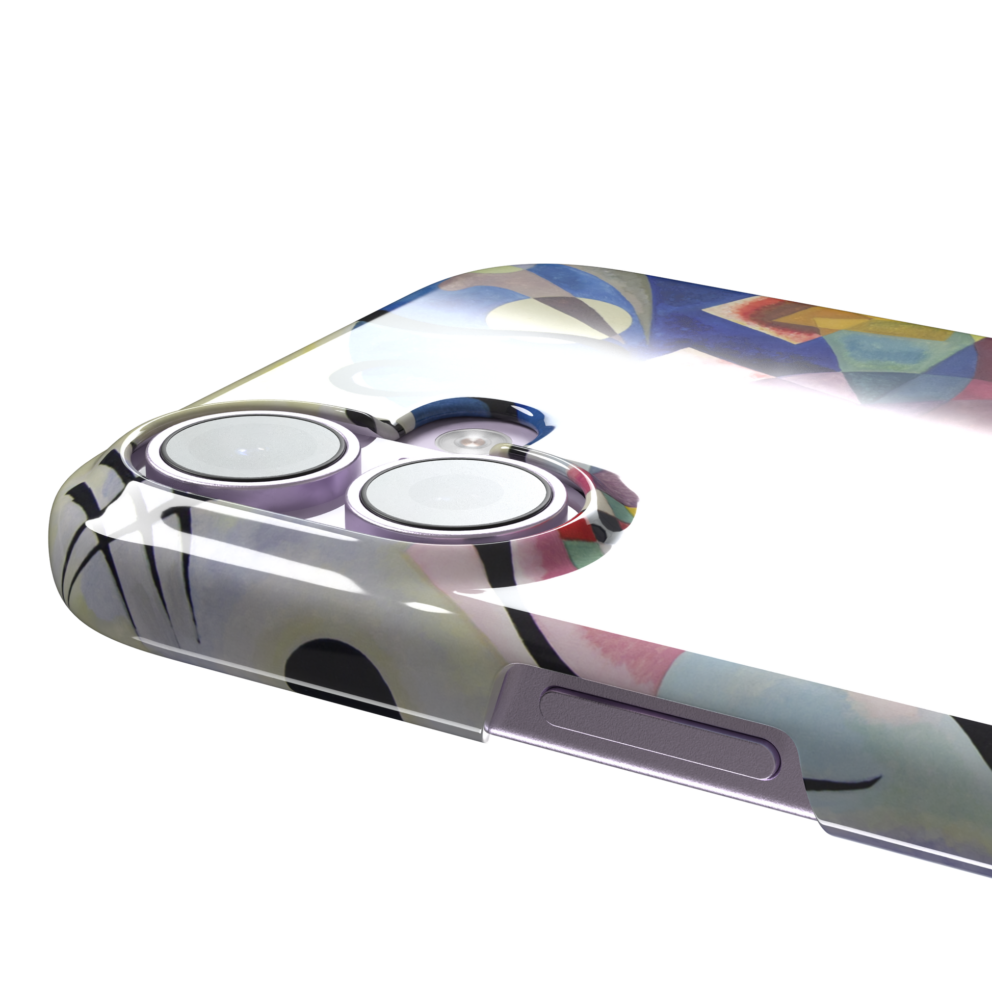 Yellow-Red-Blue by Wassily Kandinsky phone case featuring bold geometric shapes, cobalt blue arcs, crimson forms, and golden yellow planes with fine radiating black lines on a pale ground — snap case, volume buttons detail