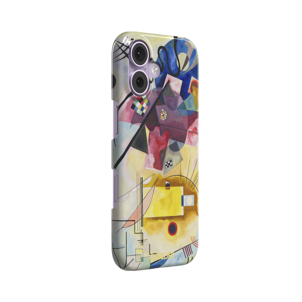 Yellow-Red-Blue by Wassily Kandinsky phone case featuring bold geometric shapes, cobalt blue arcs, crimson forms, and golden yellow planes with fine radiating black lines on a pale ground — snap case, left view