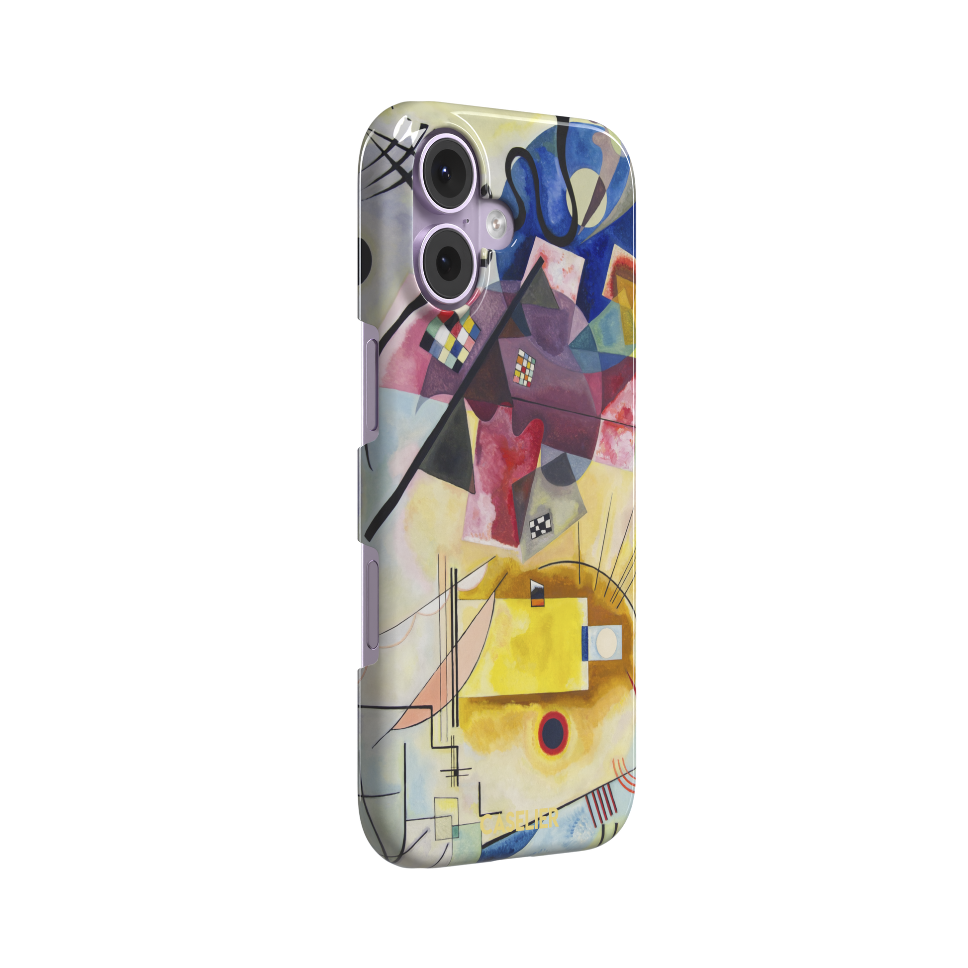 Yellow-Red-Blue by Wassily Kandinsky phone case featuring bold geometric shapes, cobalt blue arcs, crimson forms, and golden yellow planes with fine radiating black lines on a pale ground — snap case, left view