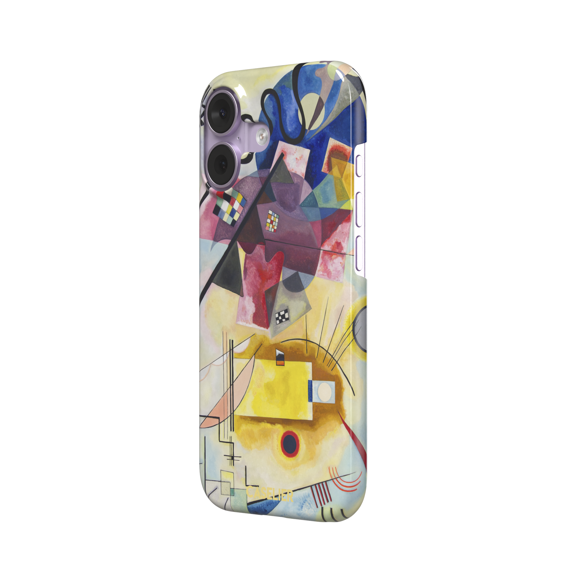 Yellow-Red-Blue by Wassily Kandinsky phone case featuring bold geometric shapes, cobalt blue arcs, crimson forms, and golden yellow planes with fine radiating black lines on a pale ground — snap case, right view