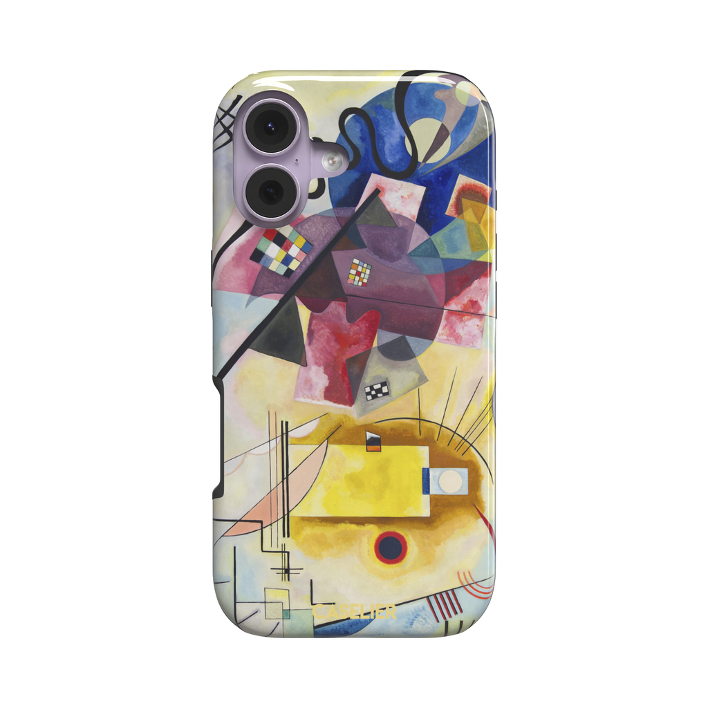 Yellow-Red-Blue by Wassily Kandinsky phone case featuring bold geometric shapes, cobalt blue arcs, crimson forms, and golden yellow planes with fine radiating black lines on a pale ground — tough case, front view