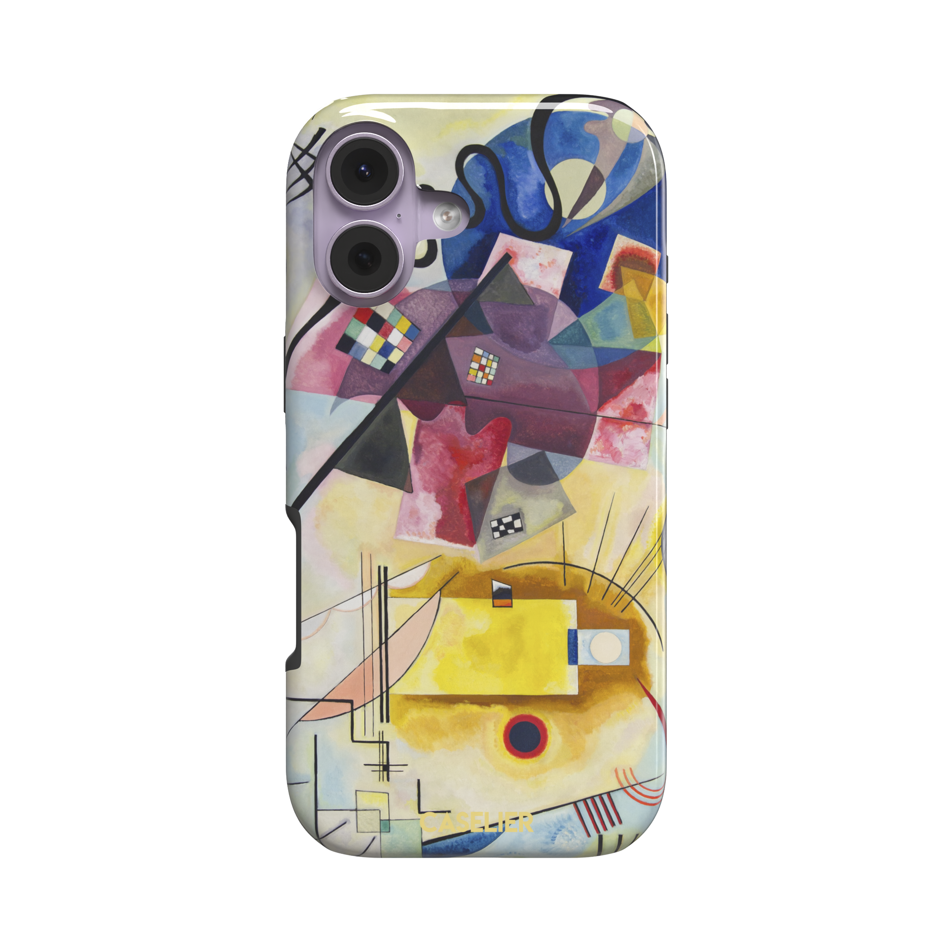 Yellow-Red-Blue by Wassily Kandinsky phone case featuring bold geometric shapes, cobalt blue arcs, crimson forms, and golden yellow planes with fine radiating black lines on a pale ground — tough case, front view