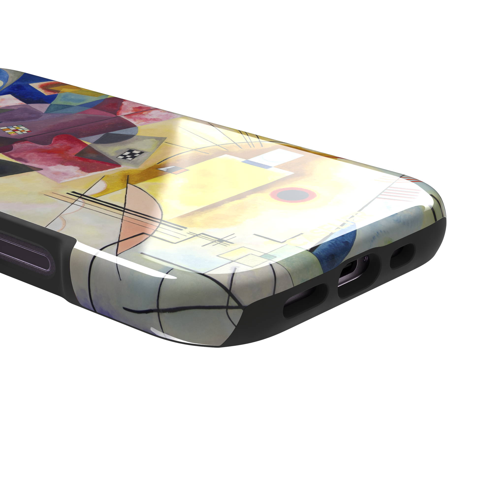 Yellow-Red-Blue by Wassily Kandinsky phone case featuring bold geometric shapes, cobalt blue arcs, crimson forms, and golden yellow planes with fine radiating black lines on a pale ground — tough case, charging port detail