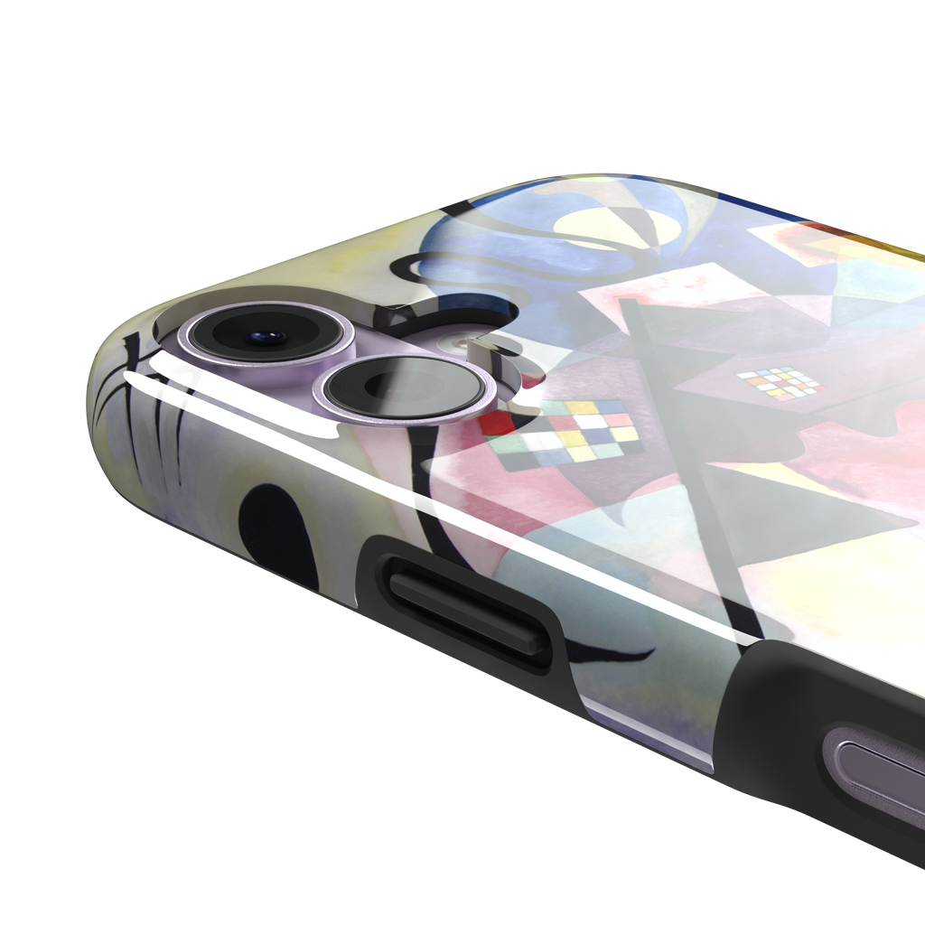 Yellow-Red-Blue by Wassily Kandinsky phone case featuring bold geometric shapes, cobalt blue arcs, crimson forms, and golden yellow planes with fine radiating black lines on a pale ground — tough case, volume buttons detail