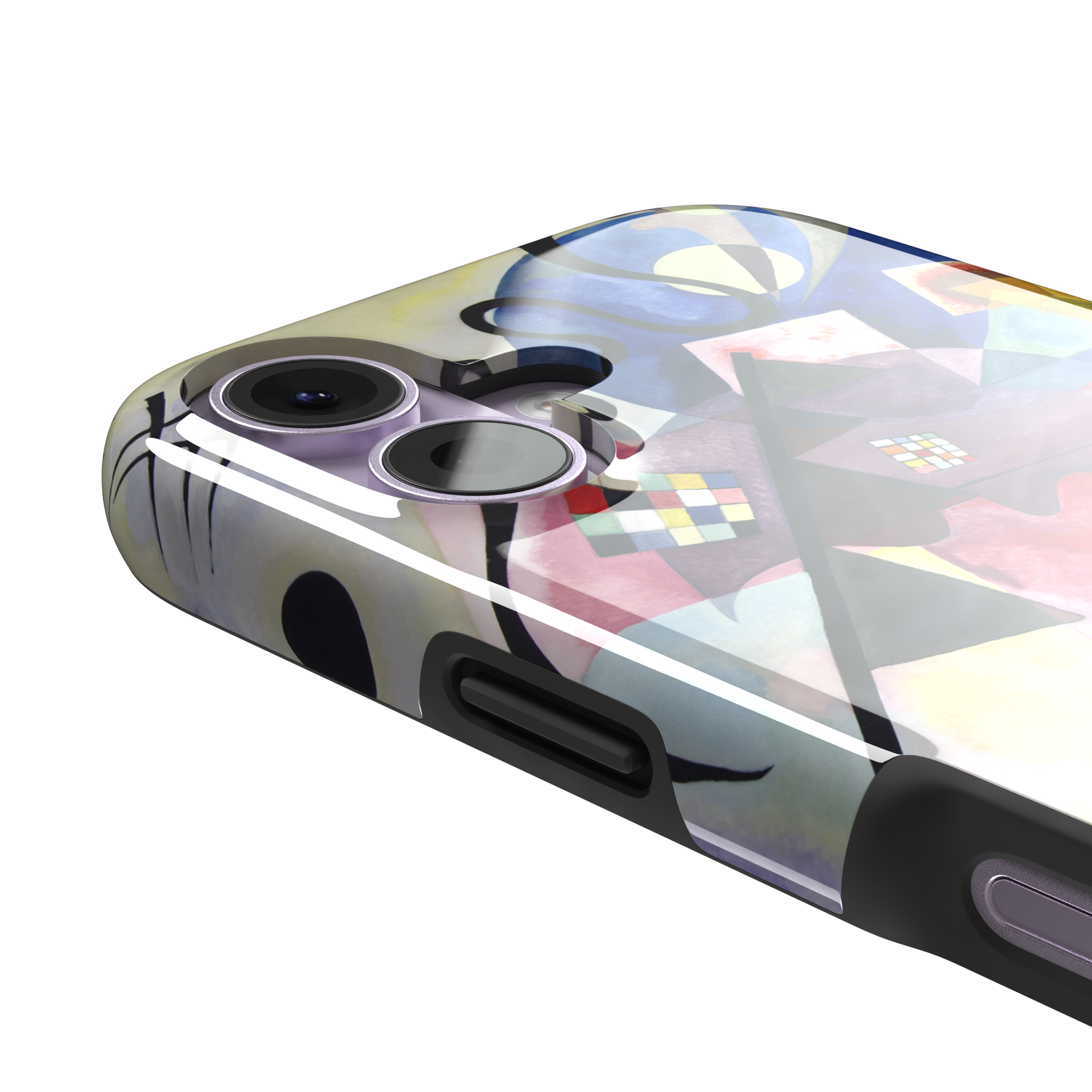 Yellow-Red-Blue by Wassily Kandinsky phone case featuring bold geometric shapes, cobalt blue arcs, crimson forms, and golden yellow planes with fine radiating black lines on a pale ground — tough case, volume buttons detail
