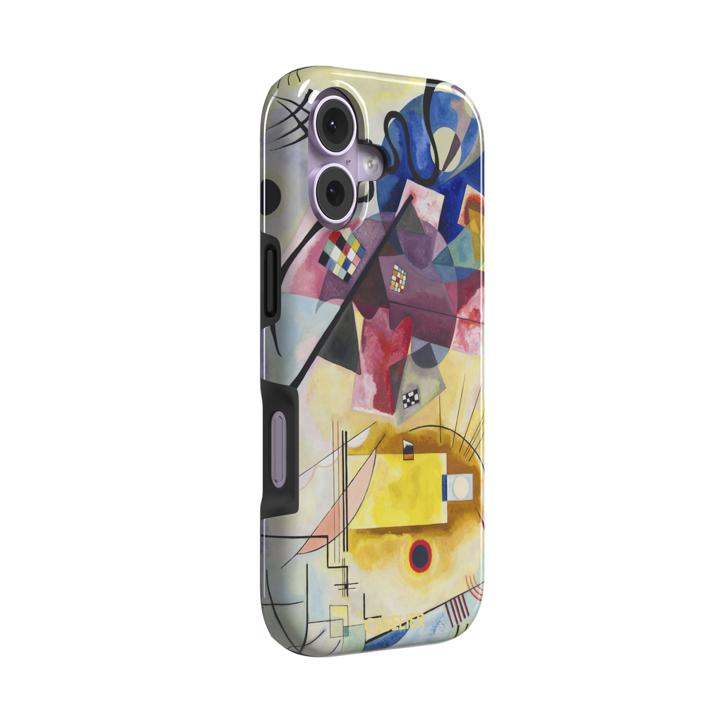 Yellow-Red-Blue by Wassily Kandinsky phone case featuring bold geometric shapes, cobalt blue arcs, crimson forms, and golden yellow planes with fine radiating black lines on a pale ground — tough case, left view