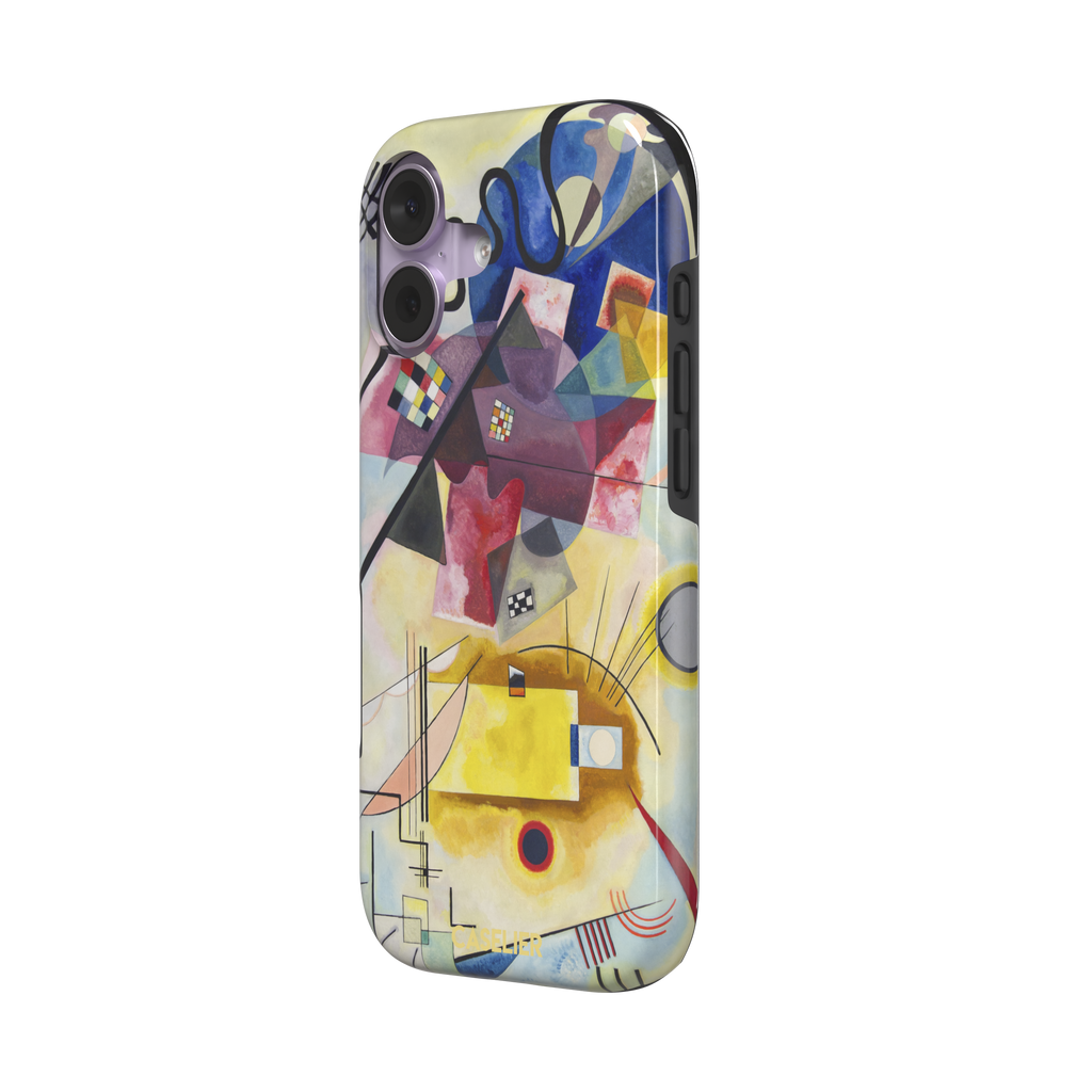 Yellow-Red-Blue by Wassily Kandinsky phone case featuring bold geometric shapes, cobalt blue arcs, crimson forms, and golden yellow planes with fine radiating black lines on a pale ground — tough case, right view