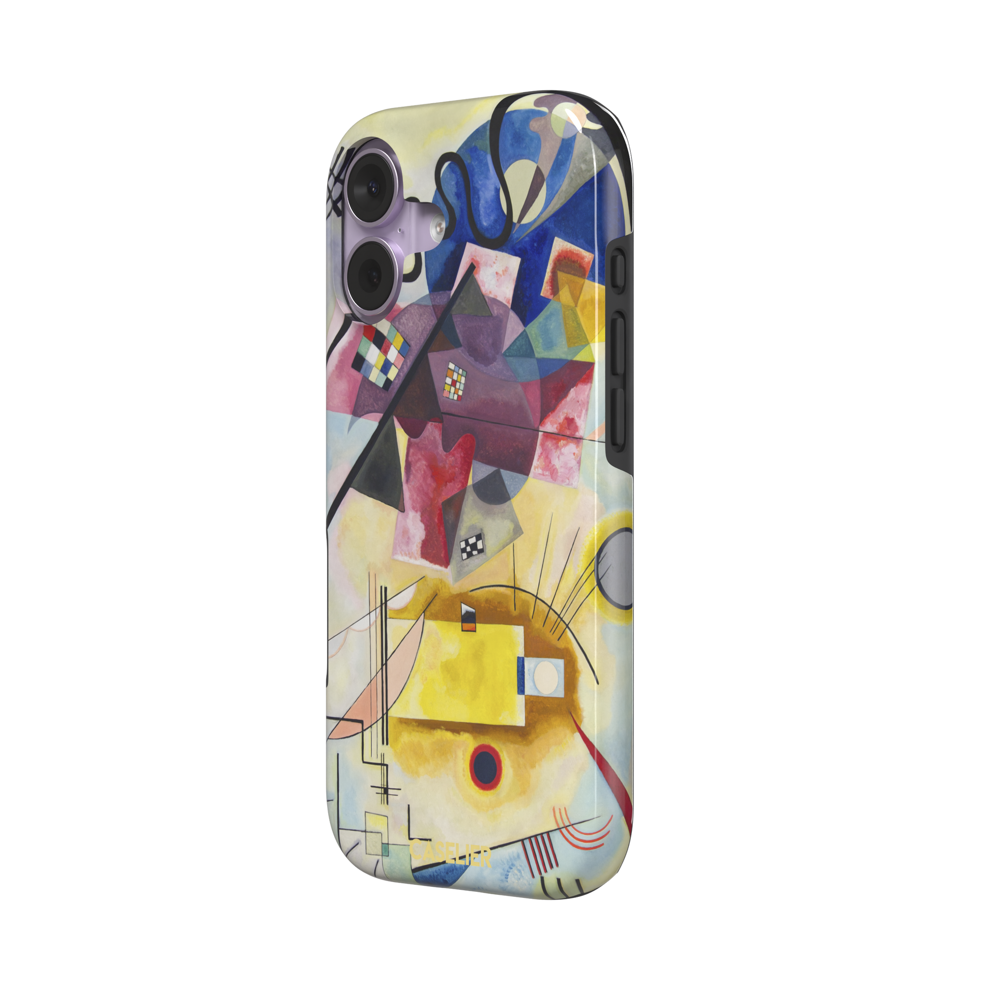 Yellow-Red-Blue by Wassily Kandinsky phone case featuring bold geometric shapes, cobalt blue arcs, crimson forms, and golden yellow planes with fine radiating black lines on a pale ground — tough case, right view