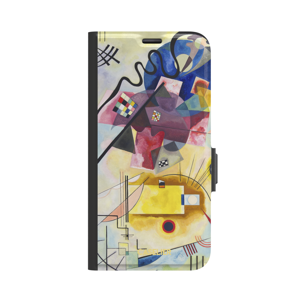 Yellow-Red-Blue by Wassily Kandinsky phone case featuring bold geometric shapes, cobalt blue arcs, crimson forms, and golden yellow planes with fine radiating black lines on a pale ground — wallet case, front view