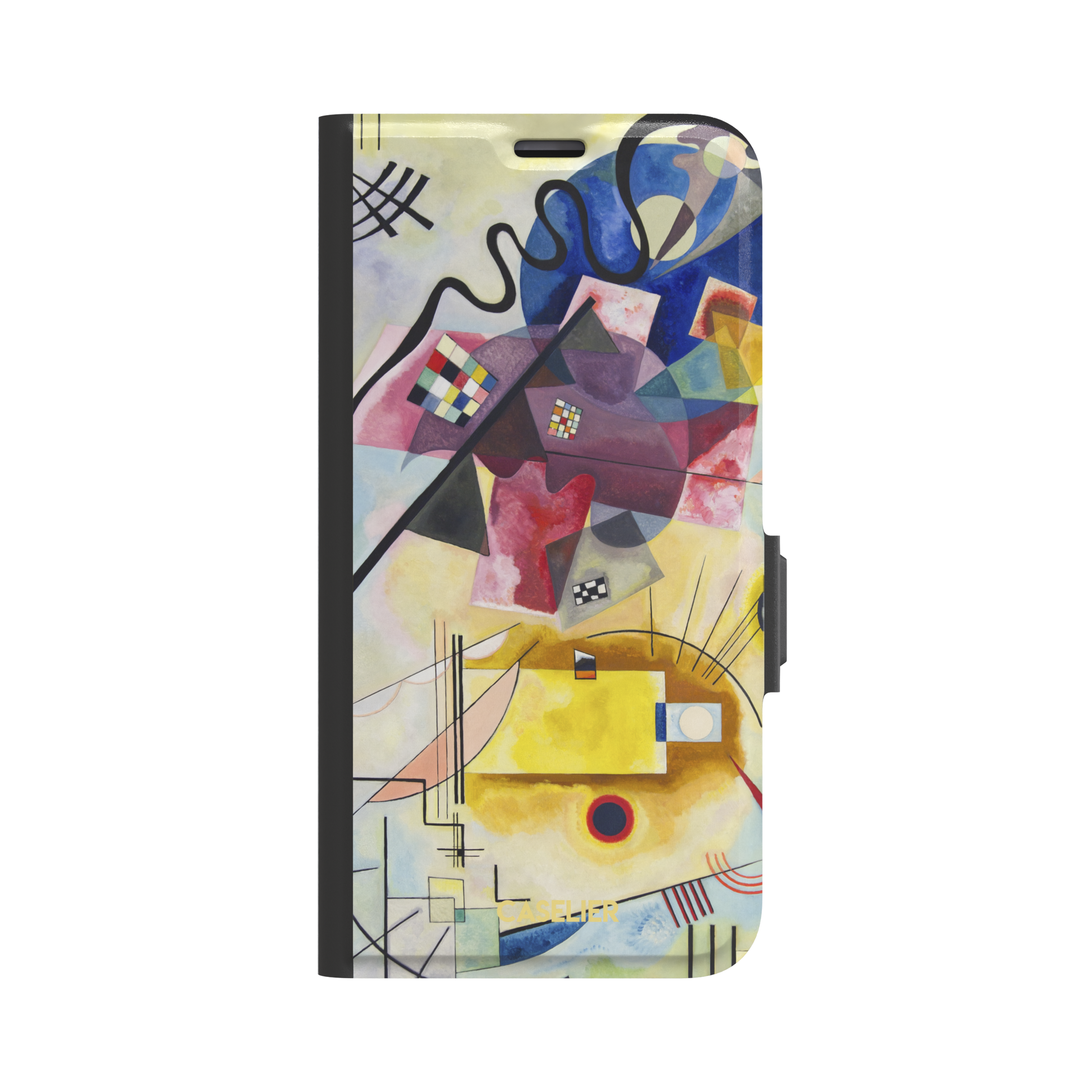 Yellow-Red-Blue by Wassily Kandinsky phone case featuring bold geometric shapes, cobalt blue arcs, crimson forms, and golden yellow planes with fine radiating black lines on a pale ground — wallet case, front view