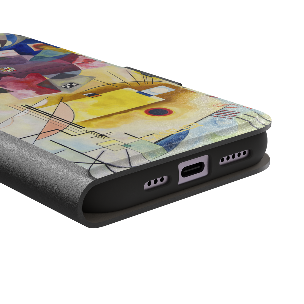 Yellow-Red-Blue by Wassily Kandinsky phone case featuring bold geometric shapes, cobalt blue arcs, crimson forms, and golden yellow planes with fine radiating black lines on a pale ground — wallet case, charging port detail
