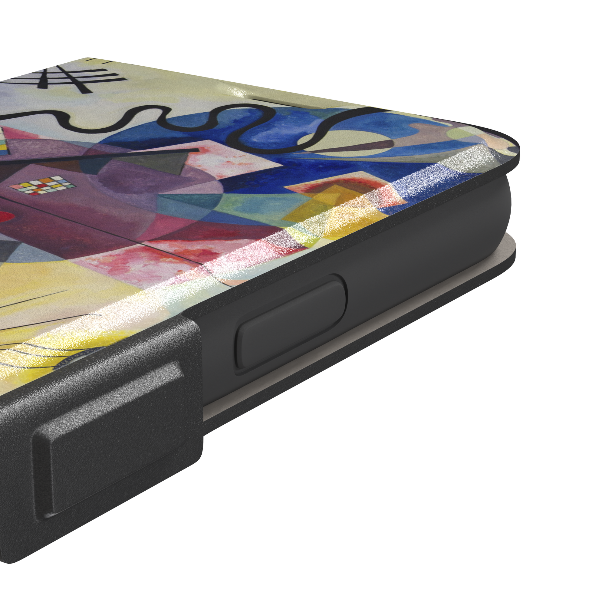 Yellow-Red-Blue by Wassily Kandinsky phone case featuring bold geometric shapes, cobalt blue arcs, crimson forms, and golden yellow planes with fine radiating black lines on a pale ground — wallet case, volume buttons detail