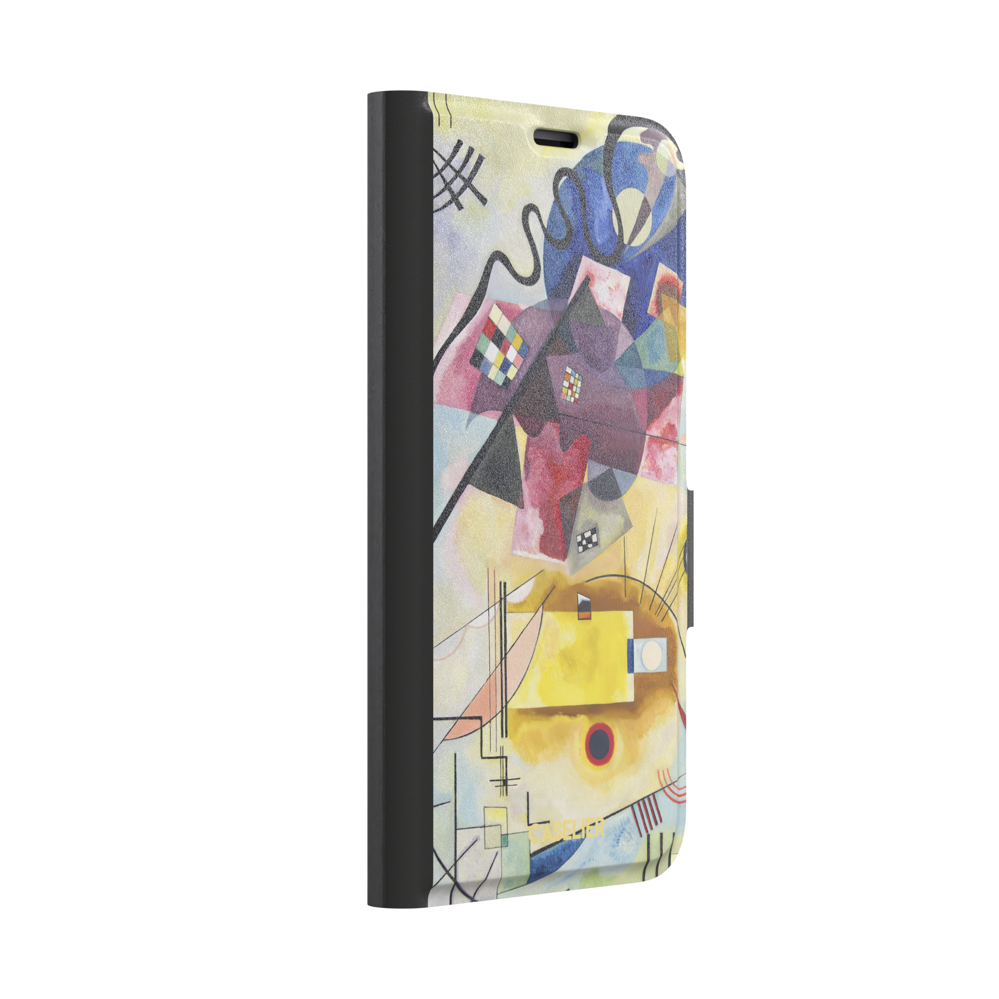 Yellow-Red-Blue by Wassily Kandinsky phone case featuring bold geometric shapes, cobalt blue arcs, crimson forms, and golden yellow planes with fine radiating black lines on a pale ground — wallet case, left view