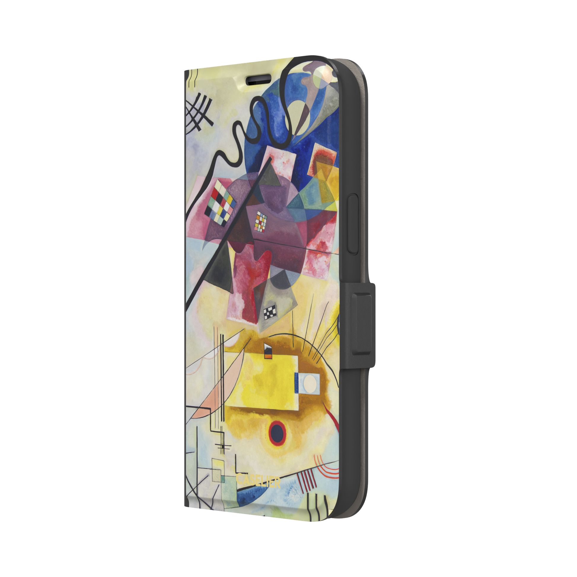 Yellow-Red-Blue by Wassily Kandinsky phone case featuring bold geometric shapes, cobalt blue arcs, crimson forms, and golden yellow planes with fine radiating black lines on a pale ground — wallet case, right view