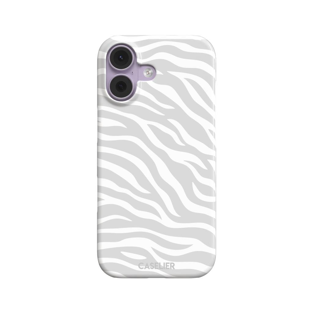 White on light grey zebra stripe phone case with all-over horizontal wave pattern, phone case by Caselier — snap case, front view