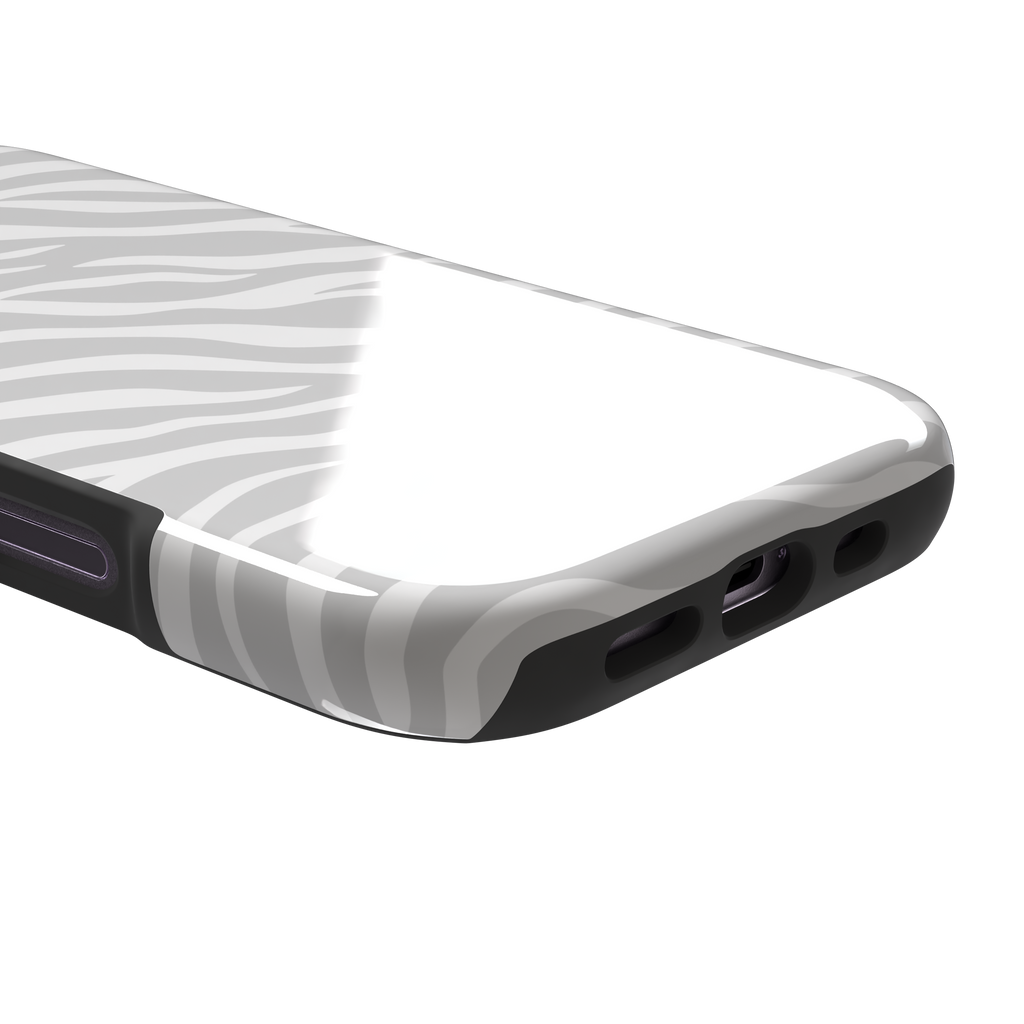 White on light grey zebra stripe phone case with all-over horizontal wave pattern, phone case by Caselier — tough case, charging port detail