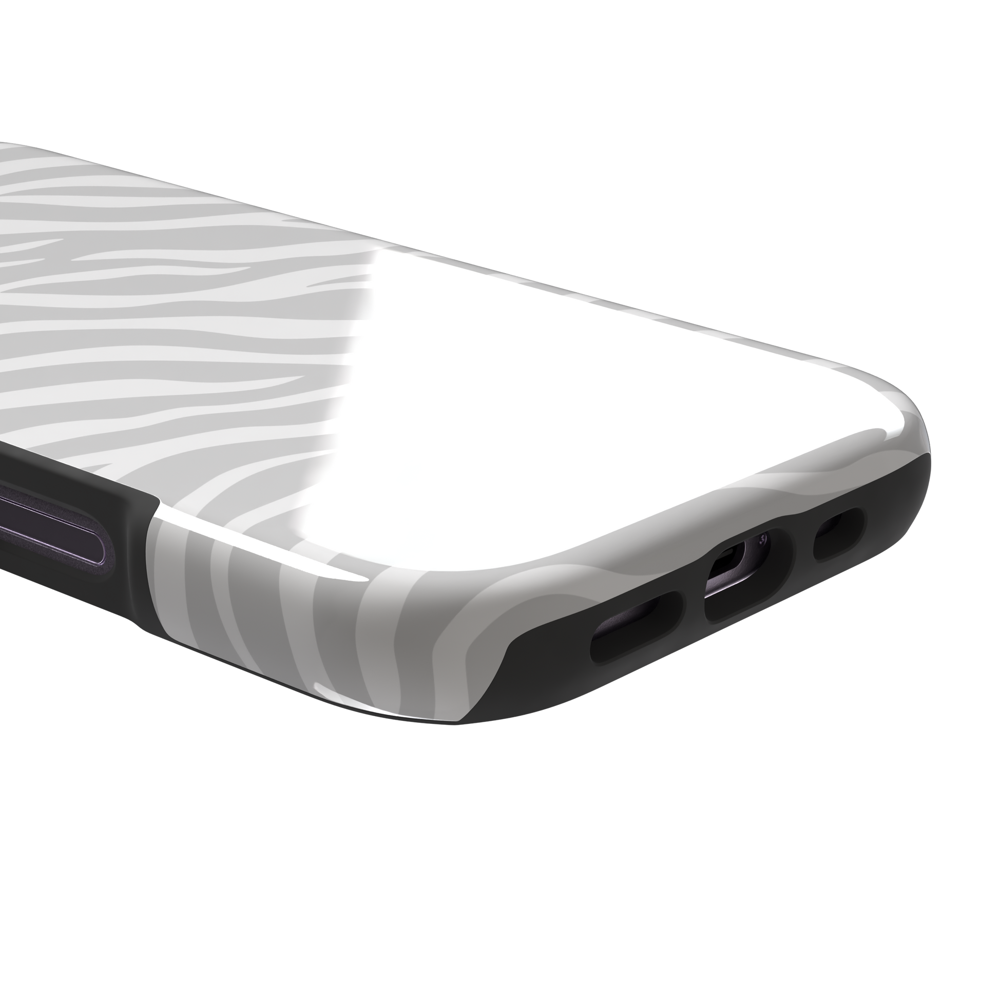 White on light grey zebra stripe phone case with all-over horizontal wave pattern, phone case by Caselier — tough case, charging port detail