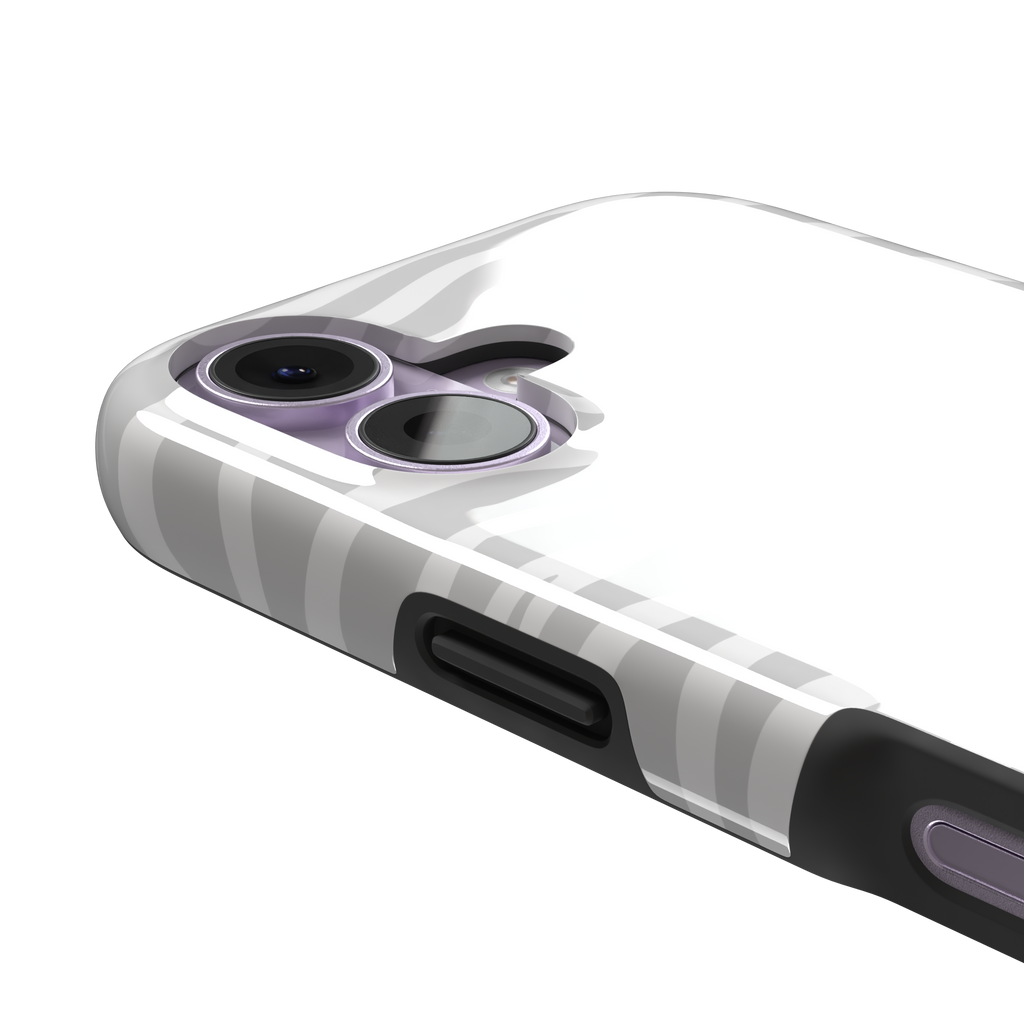 White on light grey zebra stripe phone case with all-over horizontal wave pattern, phone case by Caselier — tough case, volume buttons detail