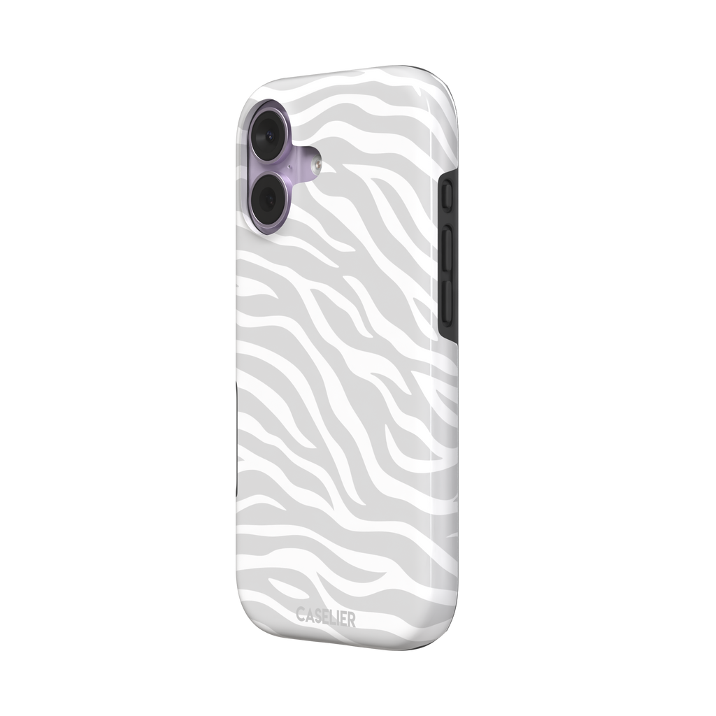 White on light grey zebra stripe phone case with all-over horizontal wave pattern, phone case by Caselier — tough case, right view
