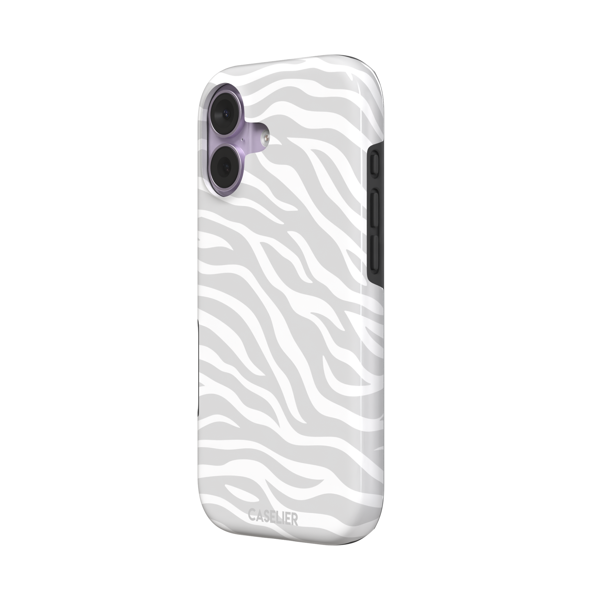 White on light grey zebra stripe phone case with all-over horizontal wave pattern, phone case by Caselier — tough case, right view