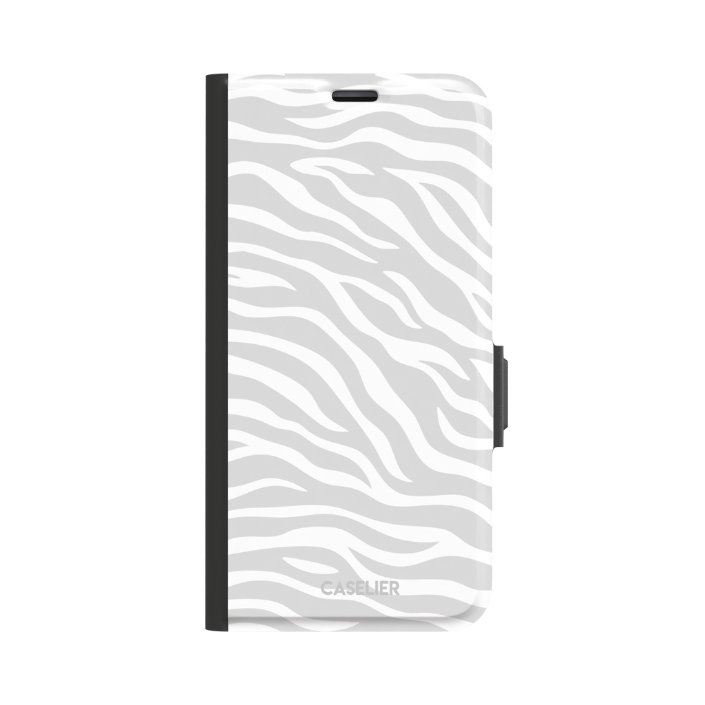 White on light grey zebra stripe phone case with all-over horizontal wave pattern, phone case by Caselier — wallet case, front view