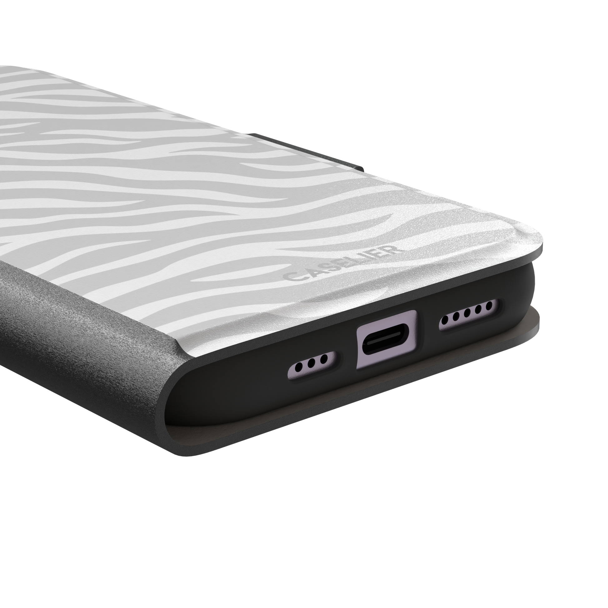 White on light grey zebra stripe phone case with all-over horizontal wave pattern, phone case by Caselier — wallet case, charging port detail