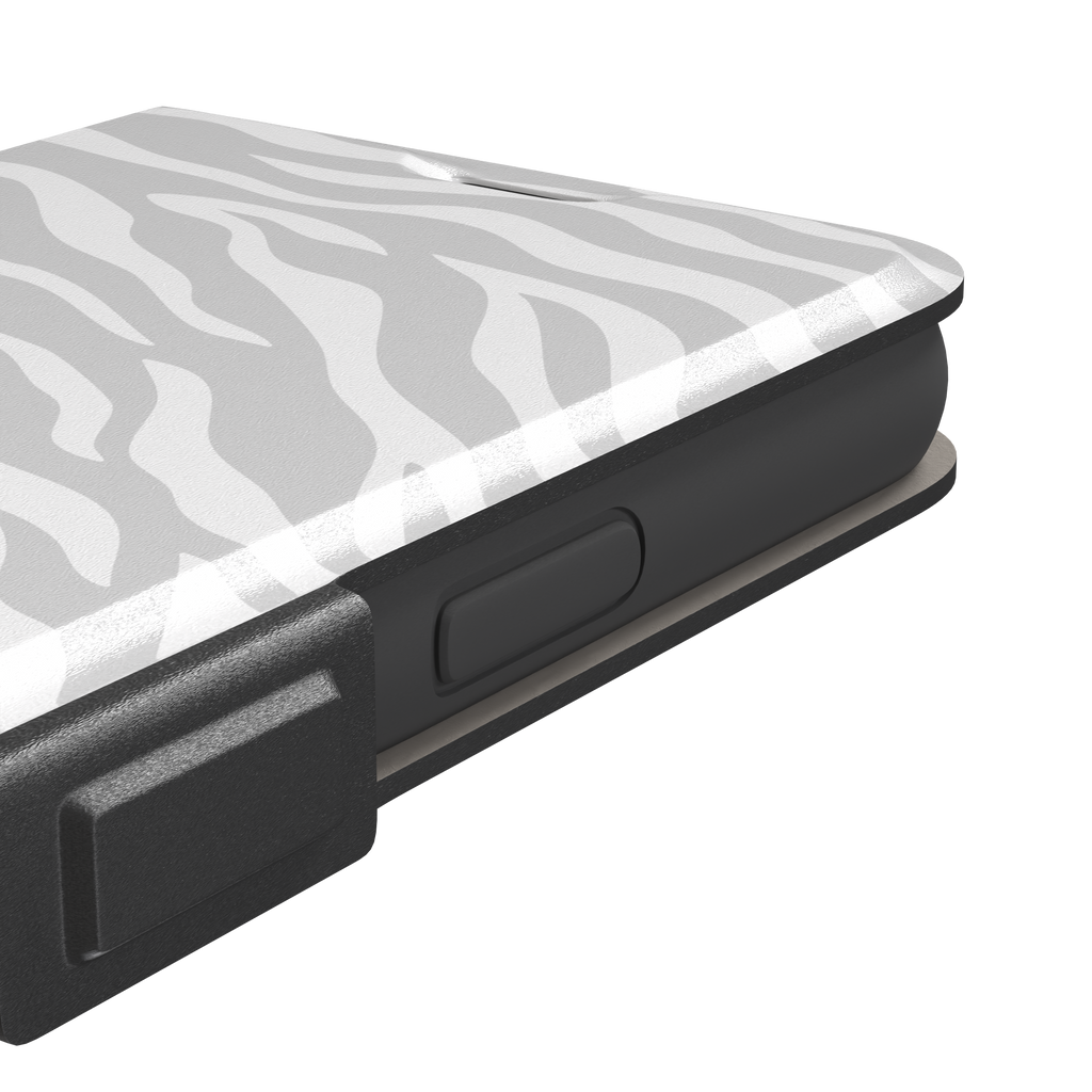 White on light grey zebra stripe phone case with all-over horizontal wave pattern, phone case by Caselier — wallet case, volume buttons detail