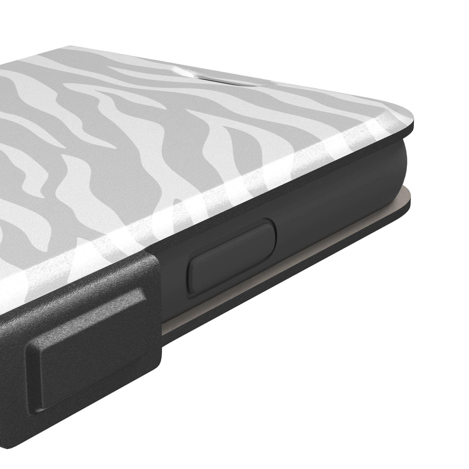 White on light grey zebra stripe phone case with all-over horizontal wave pattern, phone case by Caselier — wallet case, volume buttons detail