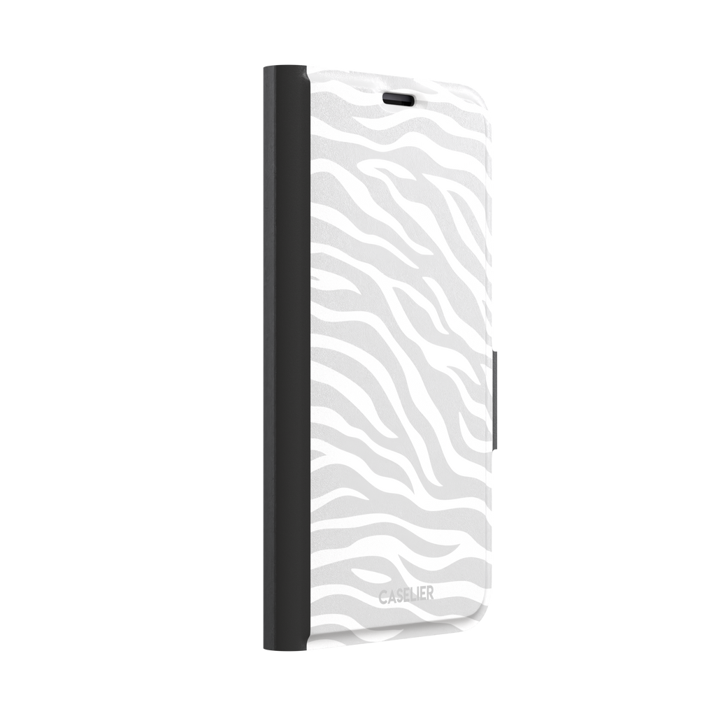 White on light grey zebra stripe phone case with all-over horizontal wave pattern, phone case by Caselier — wallet case, left view