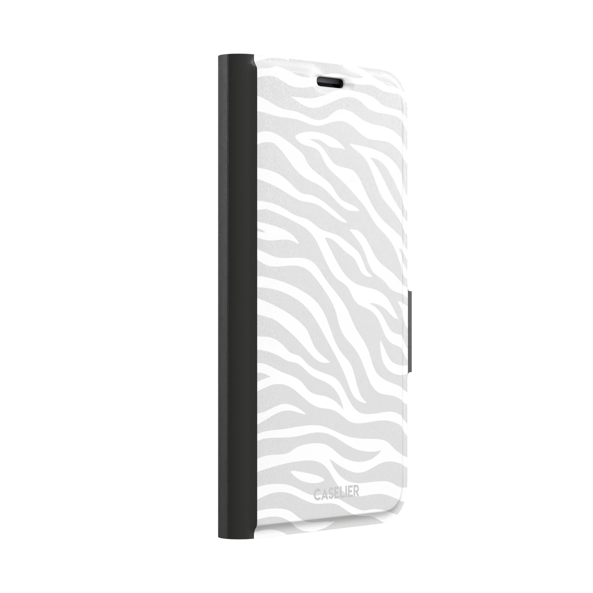 White on light grey zebra stripe phone case with all-over horizontal wave pattern, phone case by Caselier — wallet case, left view