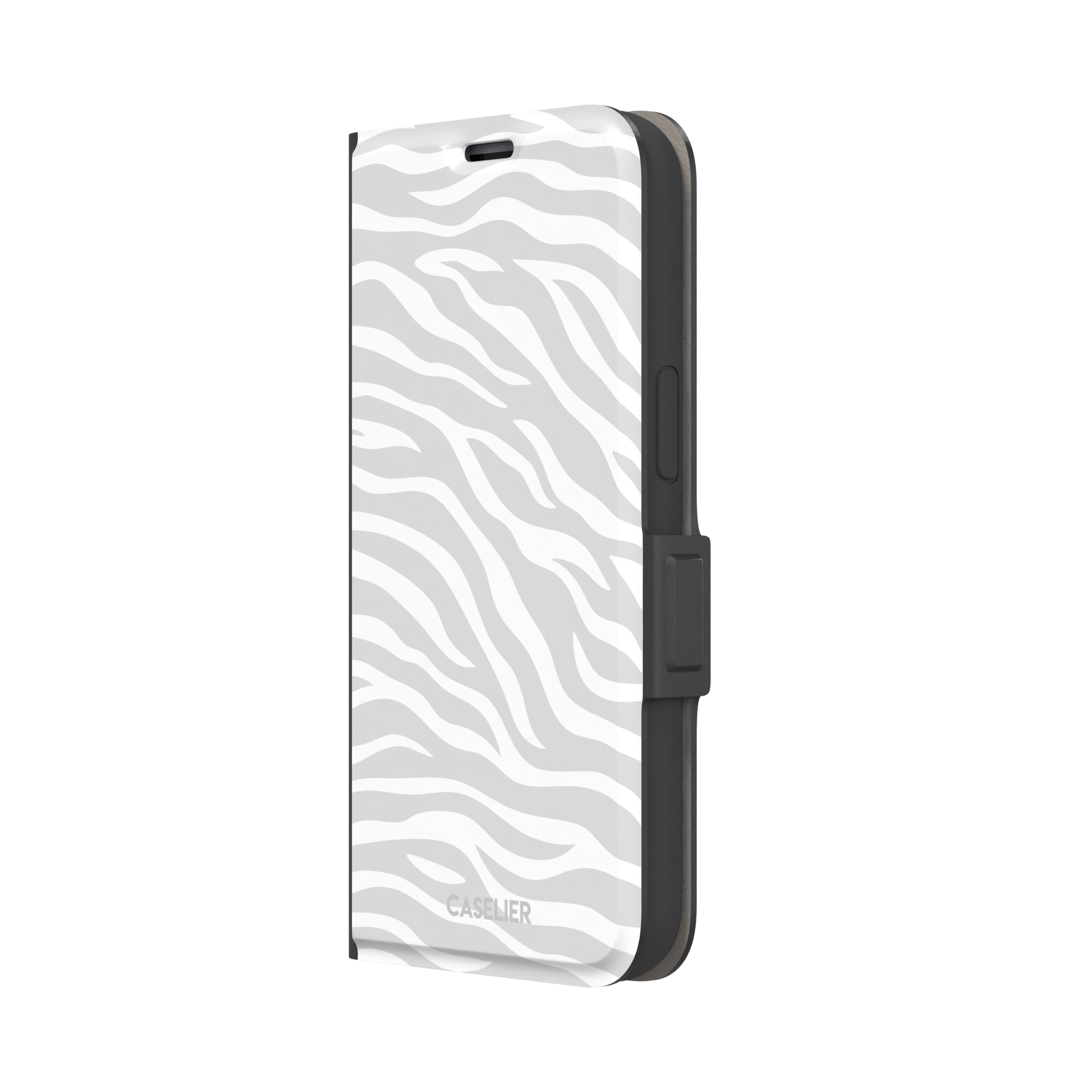 White on light grey zebra stripe phone case with all-over horizontal wave pattern, phone case by Caselier — wallet case, right view