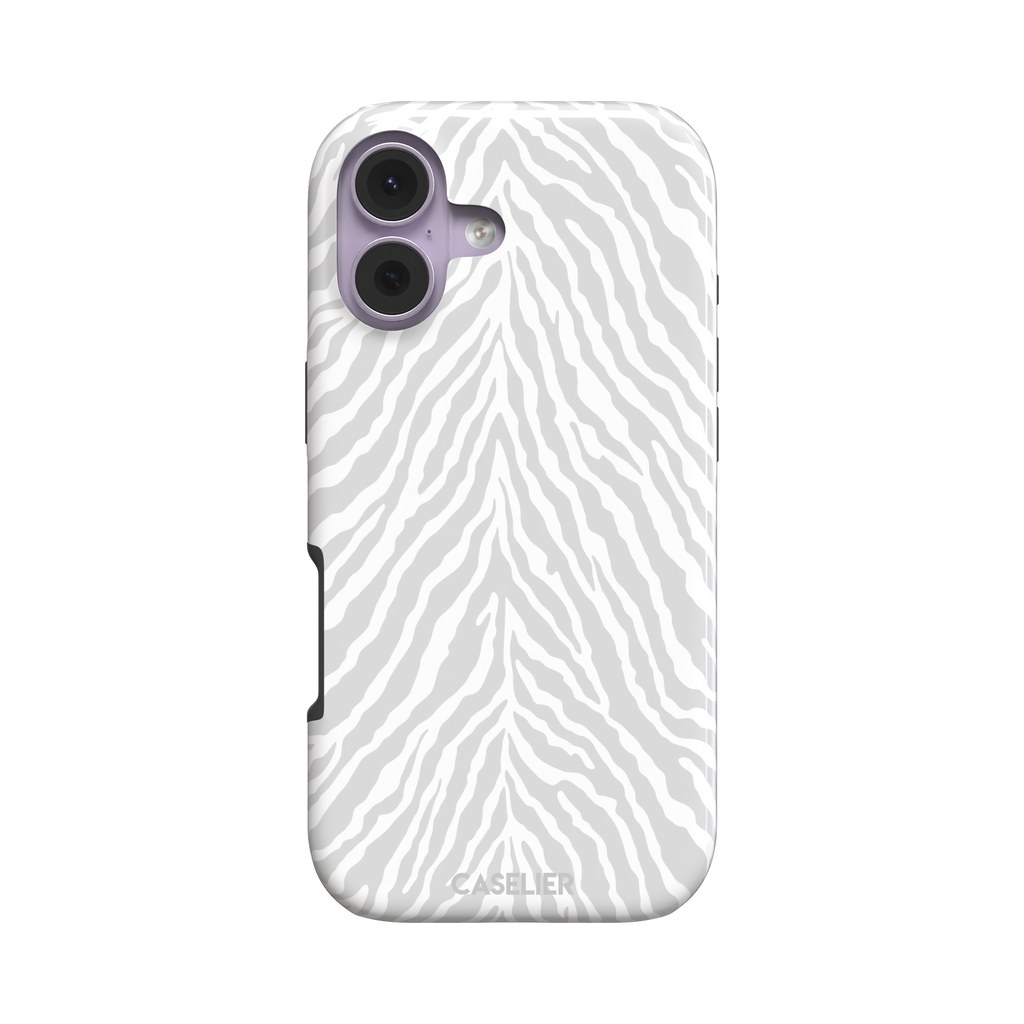 White on light grey zebra stripe phone case with soft tonal pattern, phone case by Caselier — tough case, front view