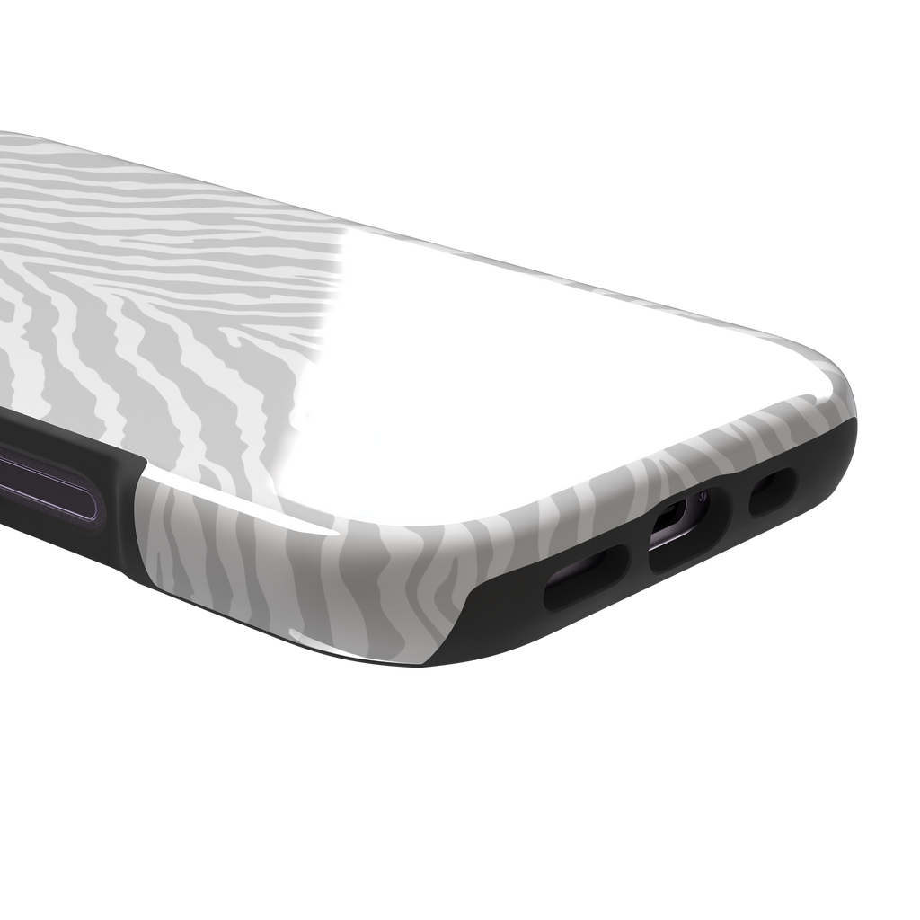 White on light grey zebra stripe phone case with soft tonal pattern, phone case by Caselier — tough case, charging port detail