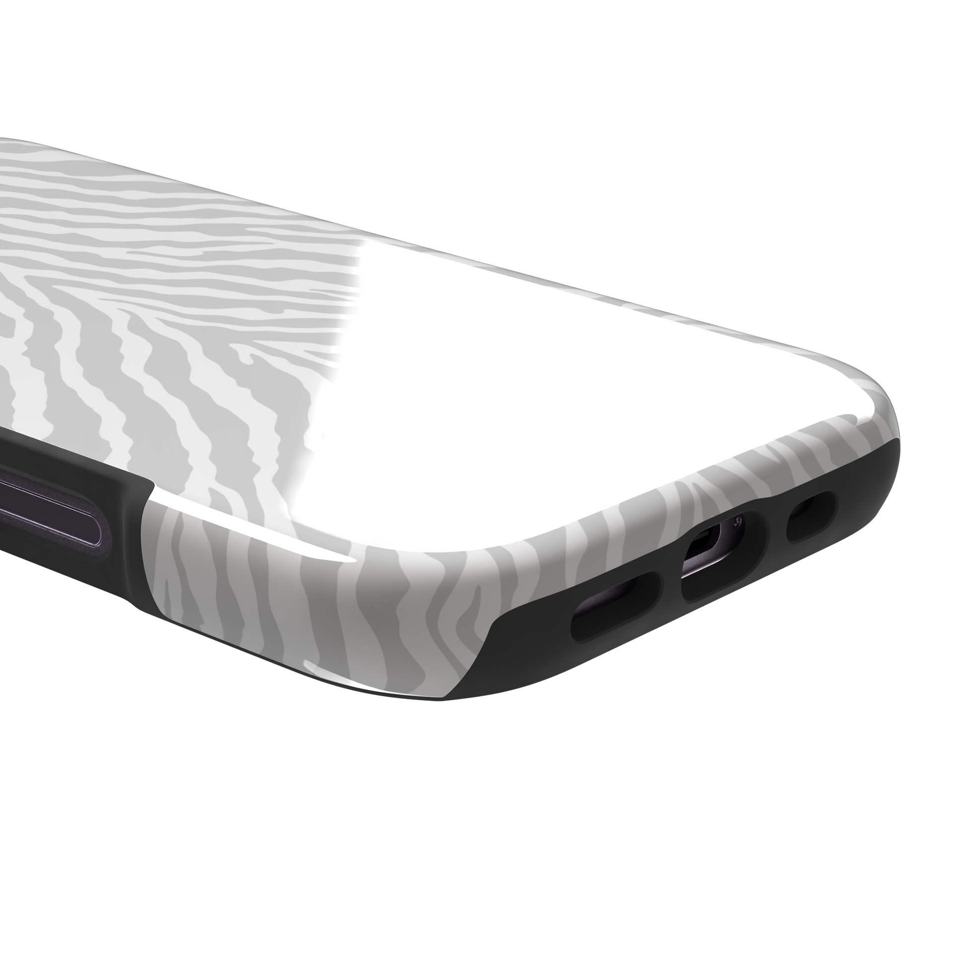 White on light grey zebra stripe phone case with soft tonal pattern, phone case by Caselier — tough case, charging port detail