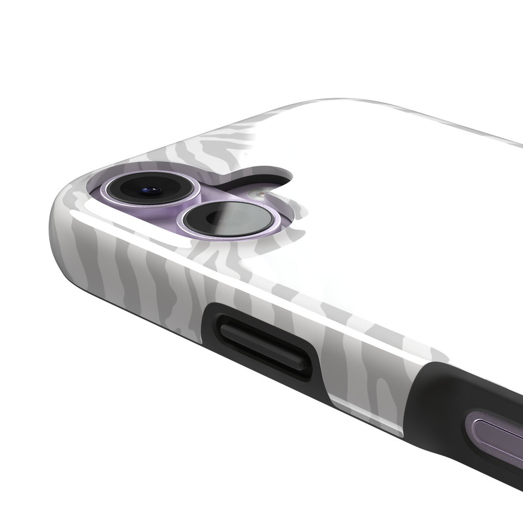 White on light grey zebra stripe phone case with soft tonal pattern, phone case by Caselier — tough case, volume buttons detail