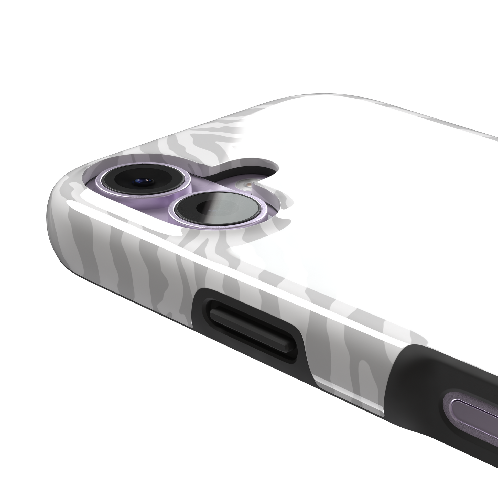 White on light grey zebra stripe phone case with soft tonal pattern, phone case by Caselier — tough case, volume buttons detail
